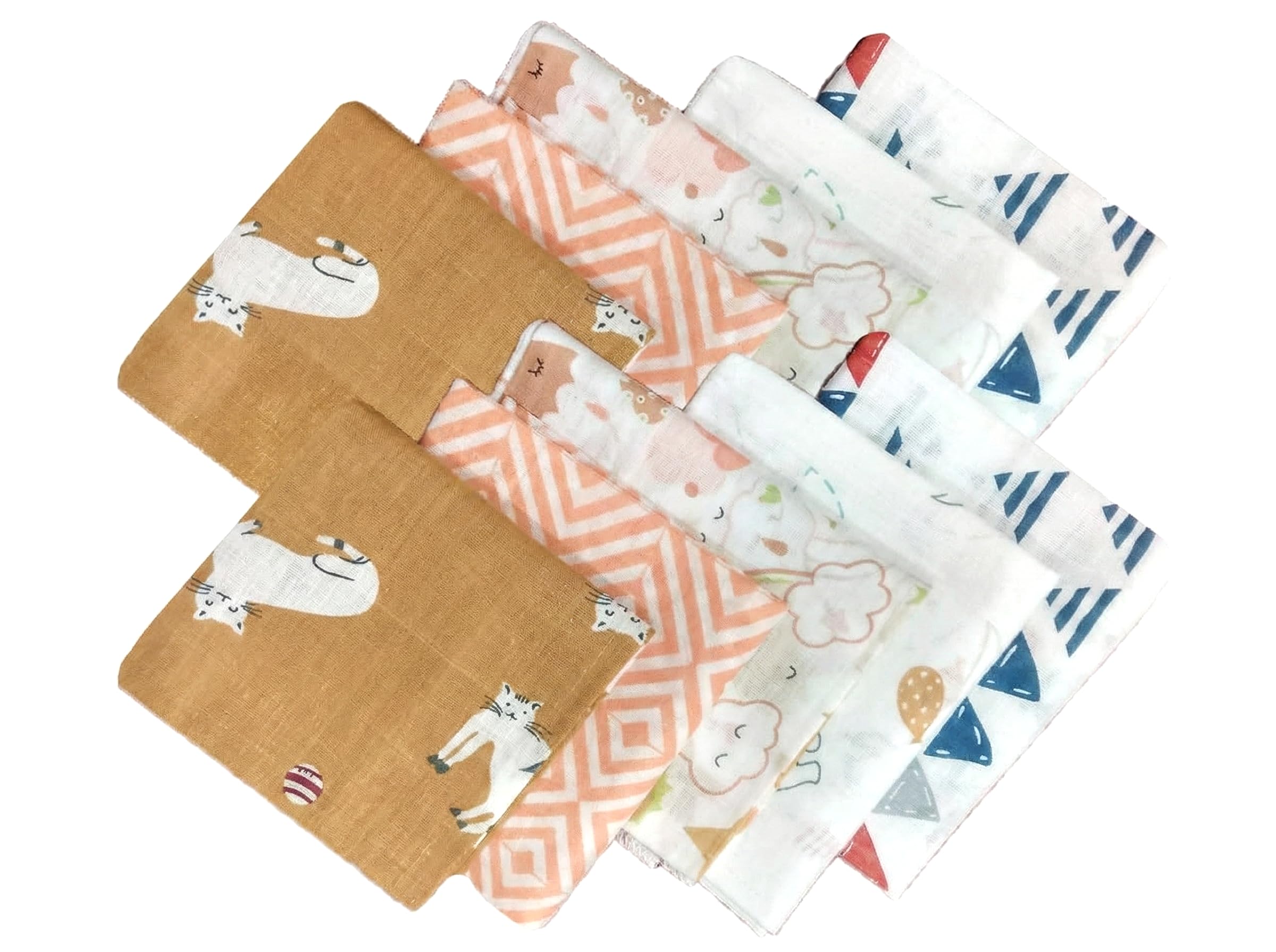 Trance Home Linen Super Soft 100% Cotton Thin Malmal Face Towels | Reusable Hygiene Wash Cloth | Napkin for New Babies | Soft Hankies for Children (Small 40 X 40 Cm, (Circus - Pack of 10 Pcs), 1