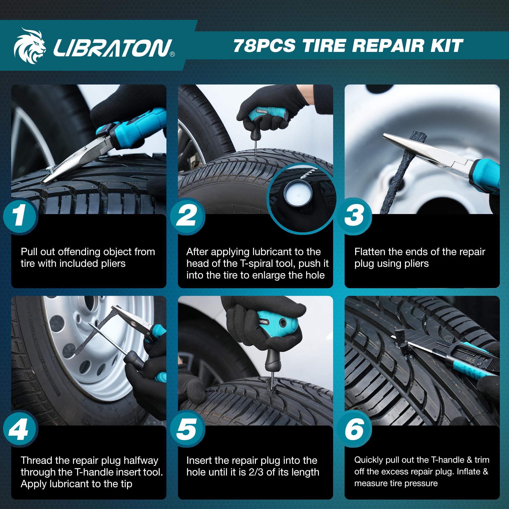 Libraton kit Riparazione Pneumatici Auto, Kit Riparazione Gomme Professionale e Robusto per Fori e Puncture, Kit Tozze per Pneumatici Tubeless per Auto, Moto, ATV, SUV, Camion, Trattore, Rimorchio