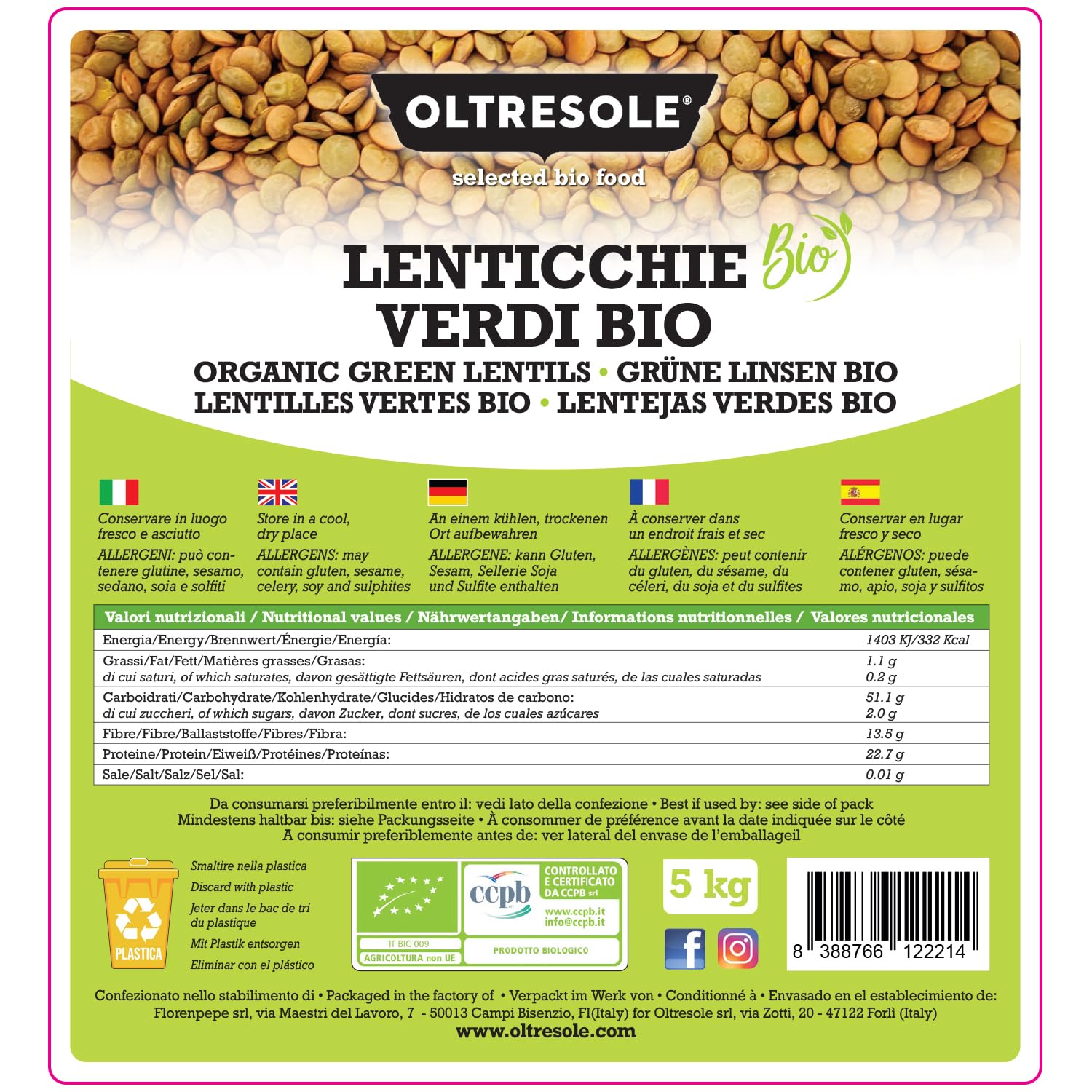 Oltresole, Lentilles vertes biologiques 5 Kg, Légumineuses entières biologiques séchées, source de protéines et de fibres, riches en fibres et en sels minéraux, format pratique