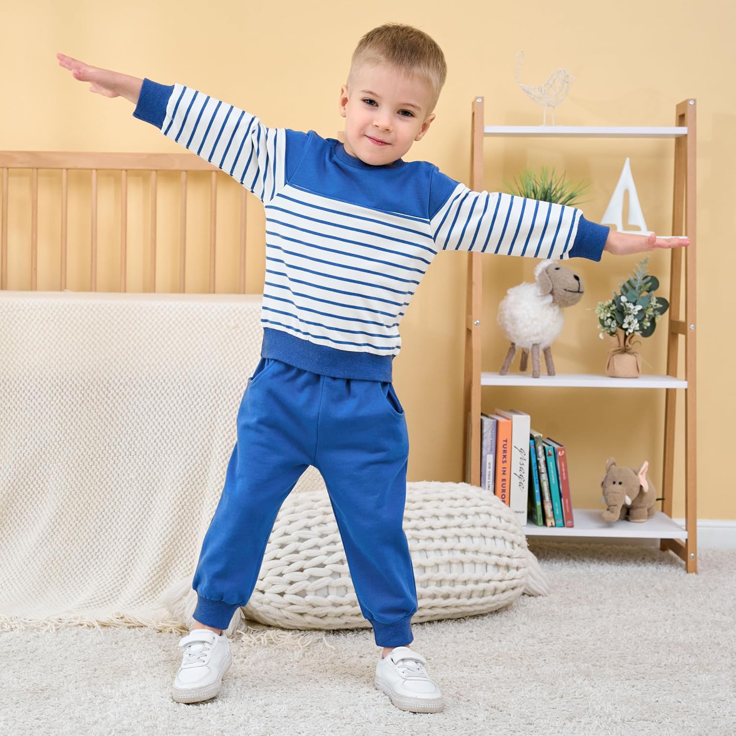 Toddler Boys Fall Outfit Baby Winter Clothes Long Sleeve Crewneck Sweatshirt Pants Set Stripe Sweats 18M-5T - Image 4