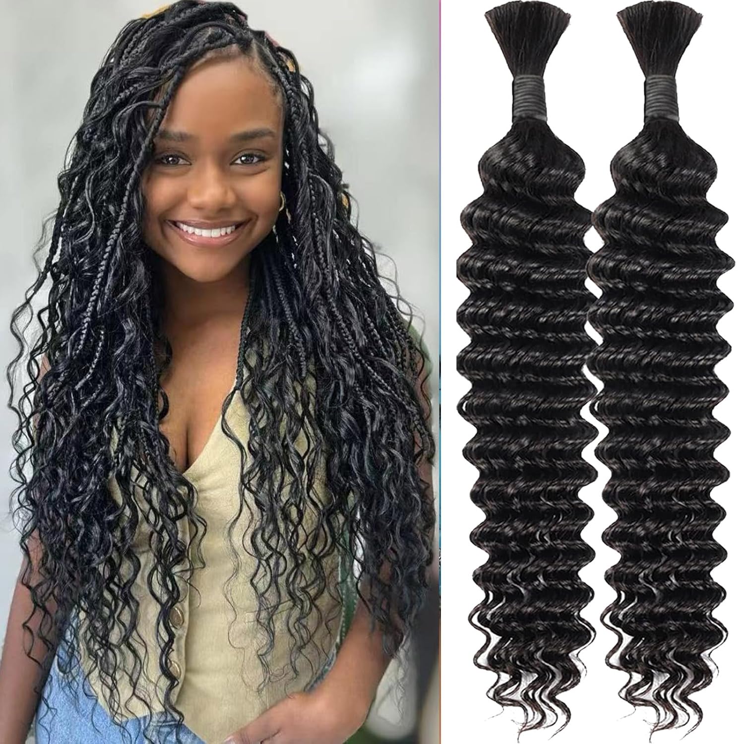 Braiding Human Hair 100g 20 Inch Deep Water Wave Bulk Human Hair for Braiding 10A No Weft Brazilian Virgin Curly Human Hair Extensions for Boho Braids