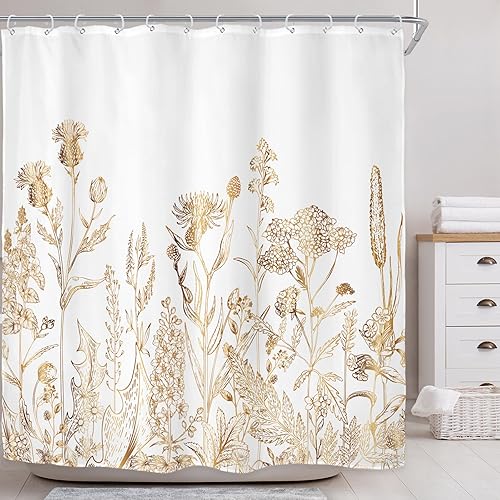 Miniatura 2 de Riyidecor Cortina de ducha con flores silvestres florales de oro blanco para decoración de baño, 72 pulgadas de ancho x 72 pulgadas de alto, hierbas