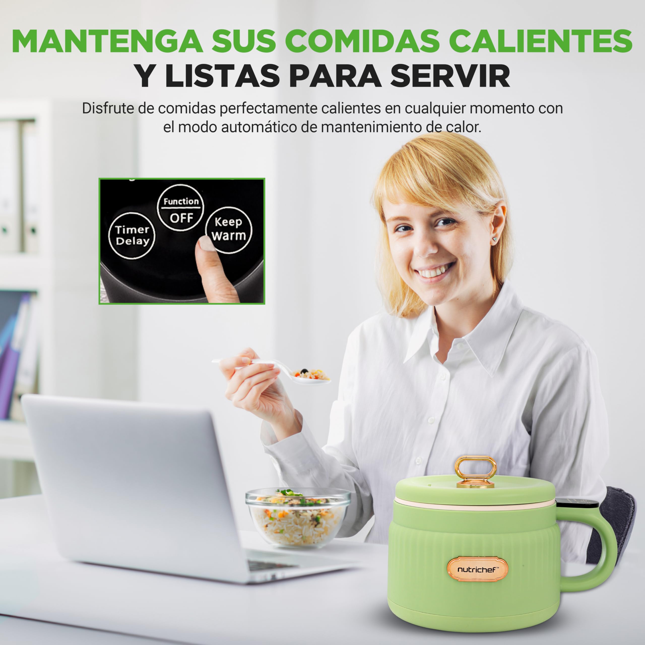 Nutrichef arrocera electrica mini, Rice cooker, Portatil, Preparador de comidas, Recubrimiento ceramico antiadherente, Panel de control digital, 6 funciones de coccion, 1.5L