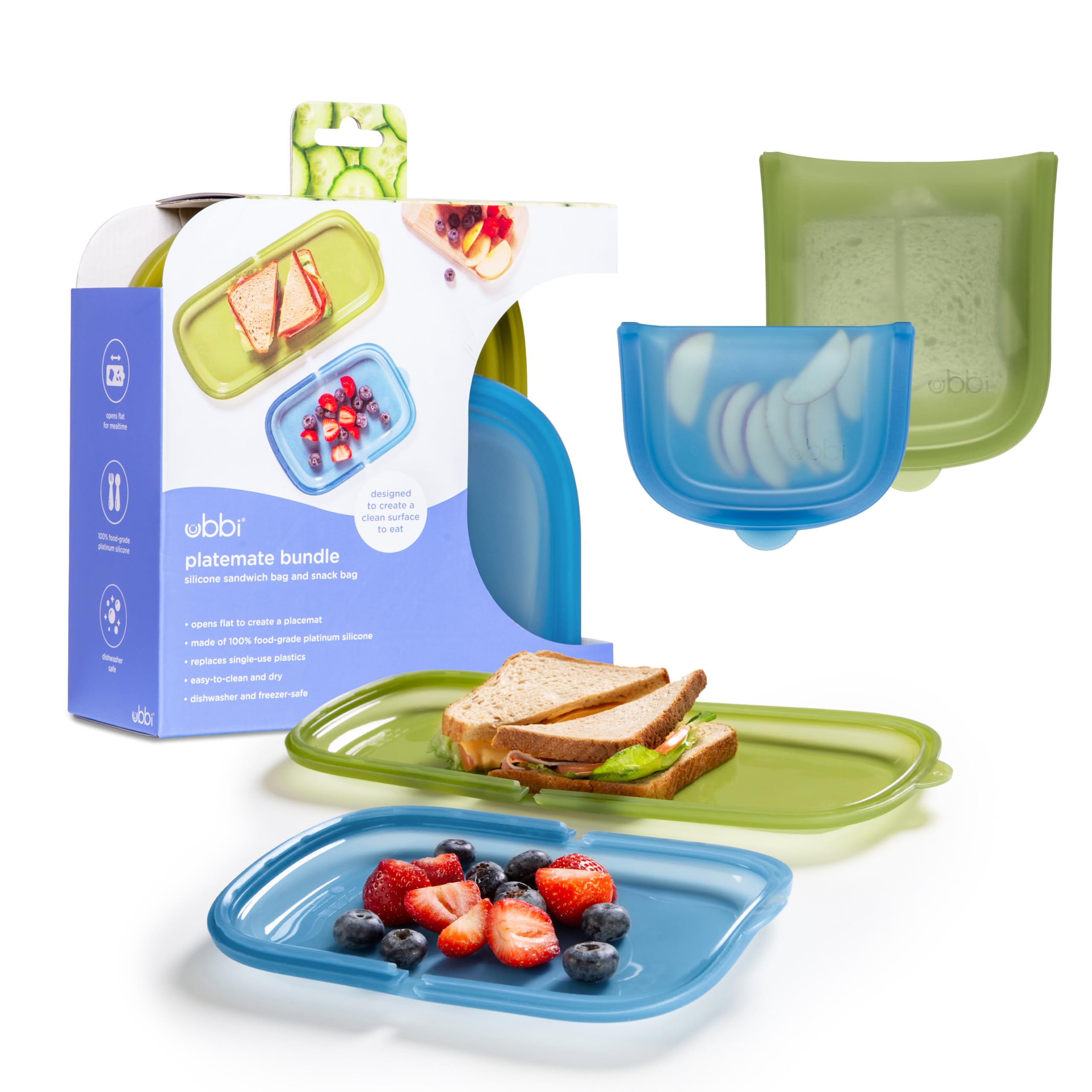 Ubbi Platemate Reusable Silicone Storage Bag, Opens Flat as Placemat, Dishwasher and Freezer-Safe, Lunch Container, Leakproof Sandwich & Snack Bag, Easy to Clean, BPA-Free, Olive & Juniper, 2 Pack-picture-28