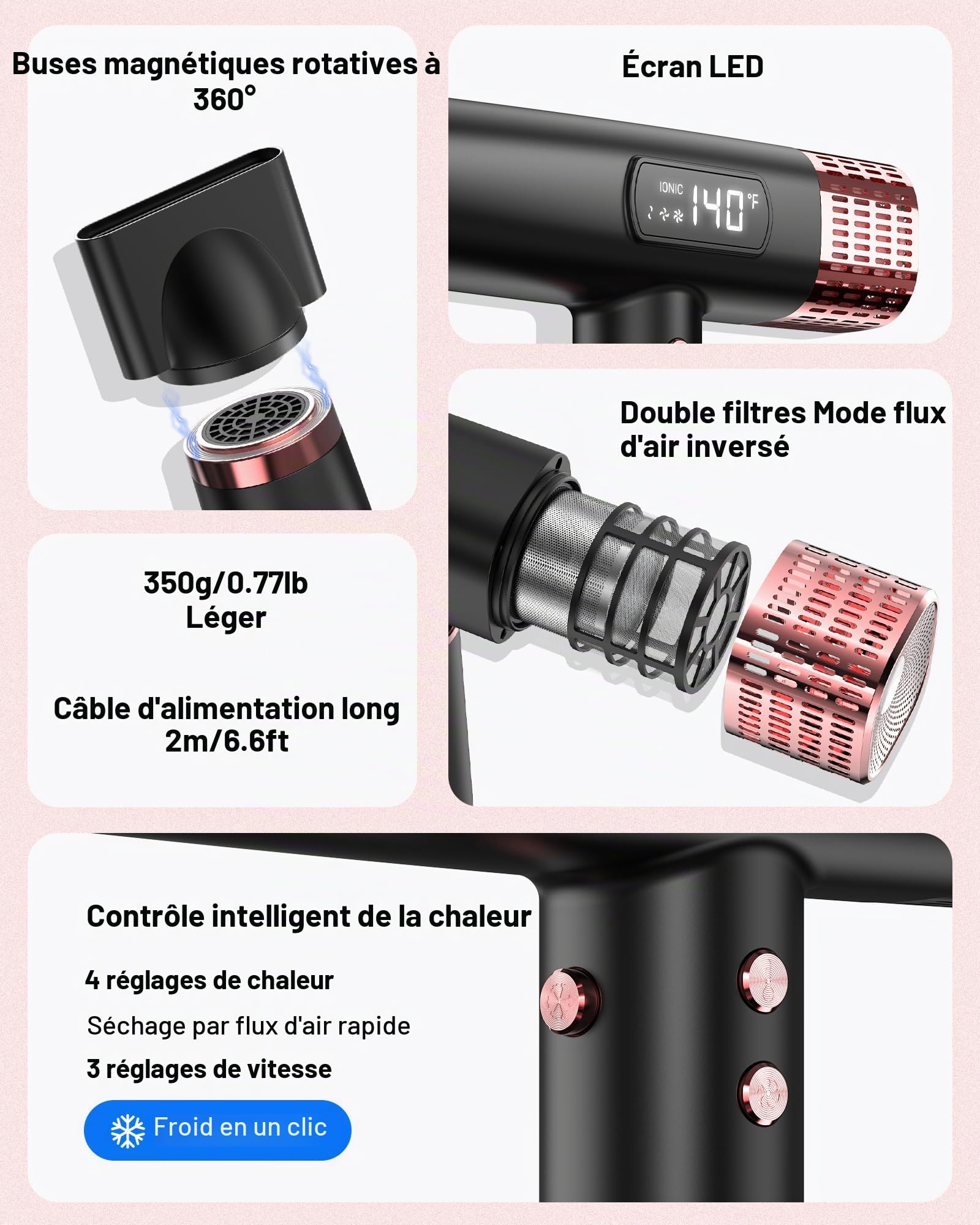 MESCOMB Sèche-Cheveux Voyage Ionique 1875W, Double Tension 110V/220V, Diffuseur et Concentrateur Inclus, Séchage Rapide, Aucun Dommage Thermique pour Tous Types de Cheveux, Famille Voyage