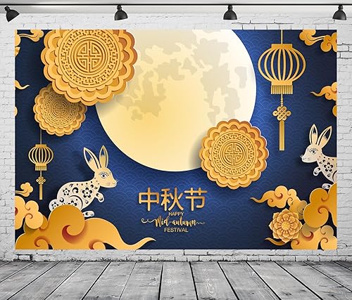 Miniatura 4 de Loccor Telón de fondo de festival de mediados de otoño de 5 x 3 pies, faroles rojos, pastel de luna, conejos, flores, luna llena, fotografía, fondo,