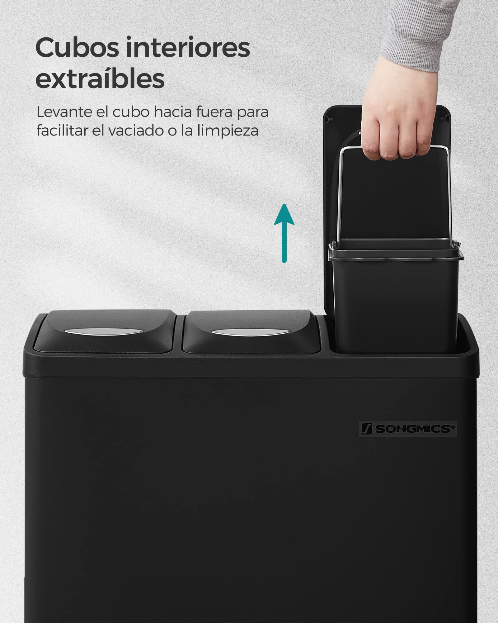 SONGMICS - Papelera de cocina, 3 x 8 L, pequeño volumen, tapas, basura triple de acero, para pequeñas familias, pedales y cuartos, fácil de limpiar, negro LTB24BK