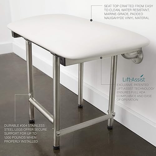 Miniatura 3 de Seachrome Asiento de ducha plegable de 24 x 15 pulgadas con cojín acolchado blanco para montaje en pared con patas, cumple con ADA