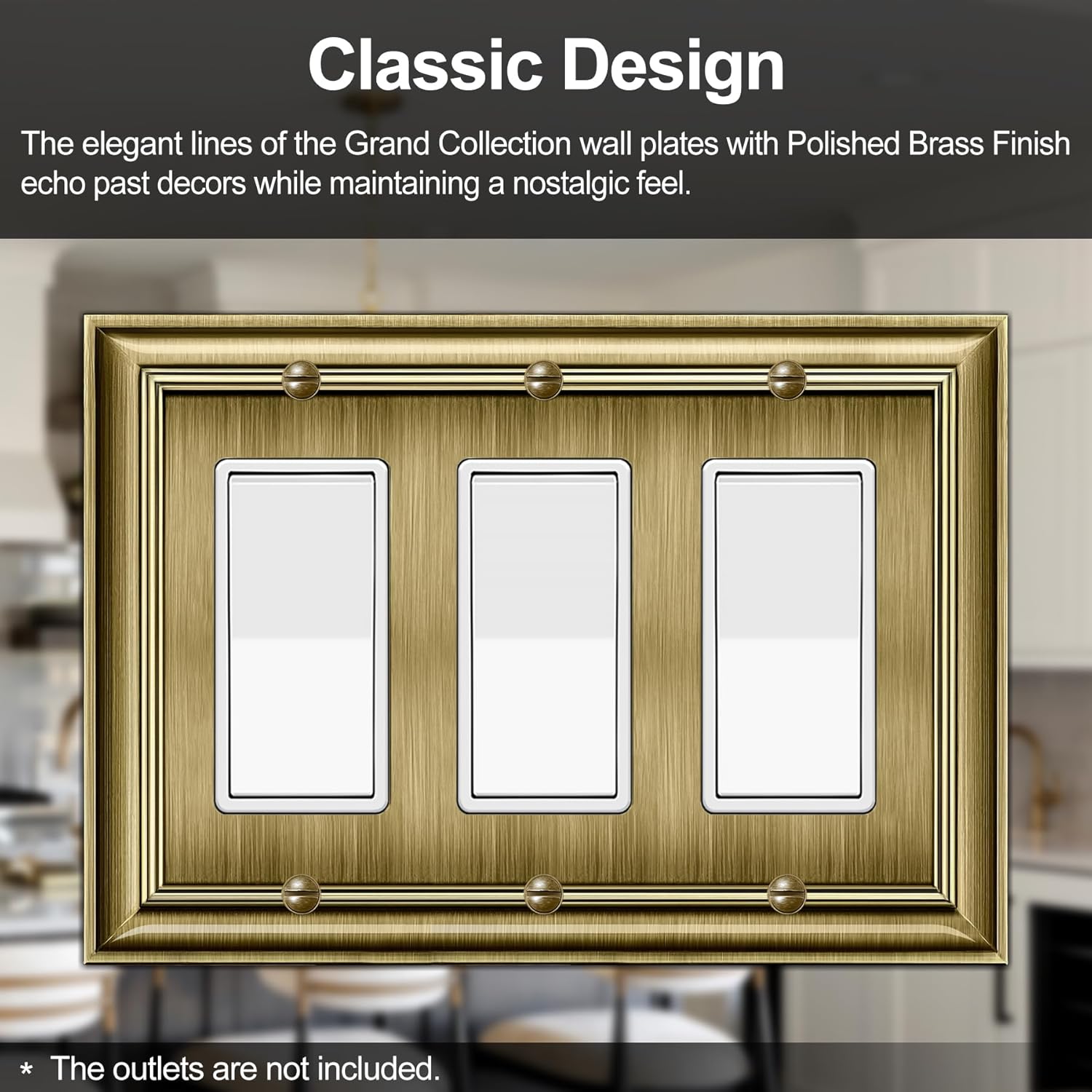 BESTTEN 3-Gang Heavy Duty Mid-Size Metal Decorator Wall Plate, Corrosion Resistant Midway Light Switch Cover, Midsized Decor Receptacle Outlet Cover, Triple Zinc Alloy Faceplate, Polished Brass