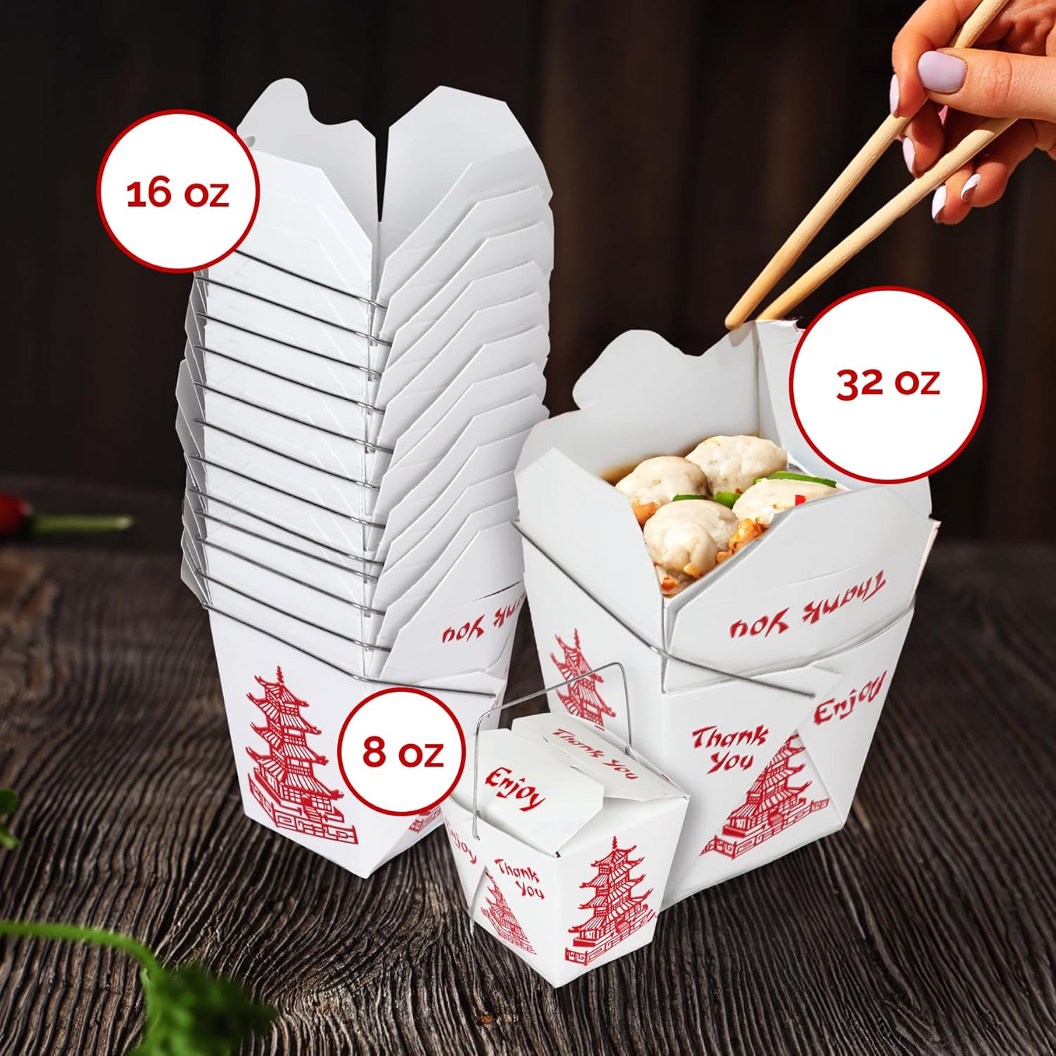 Pack of 100 Chinese Take Out Boxes Pagoda, 8 oz./Pint Size, Party Favor and Food Pail