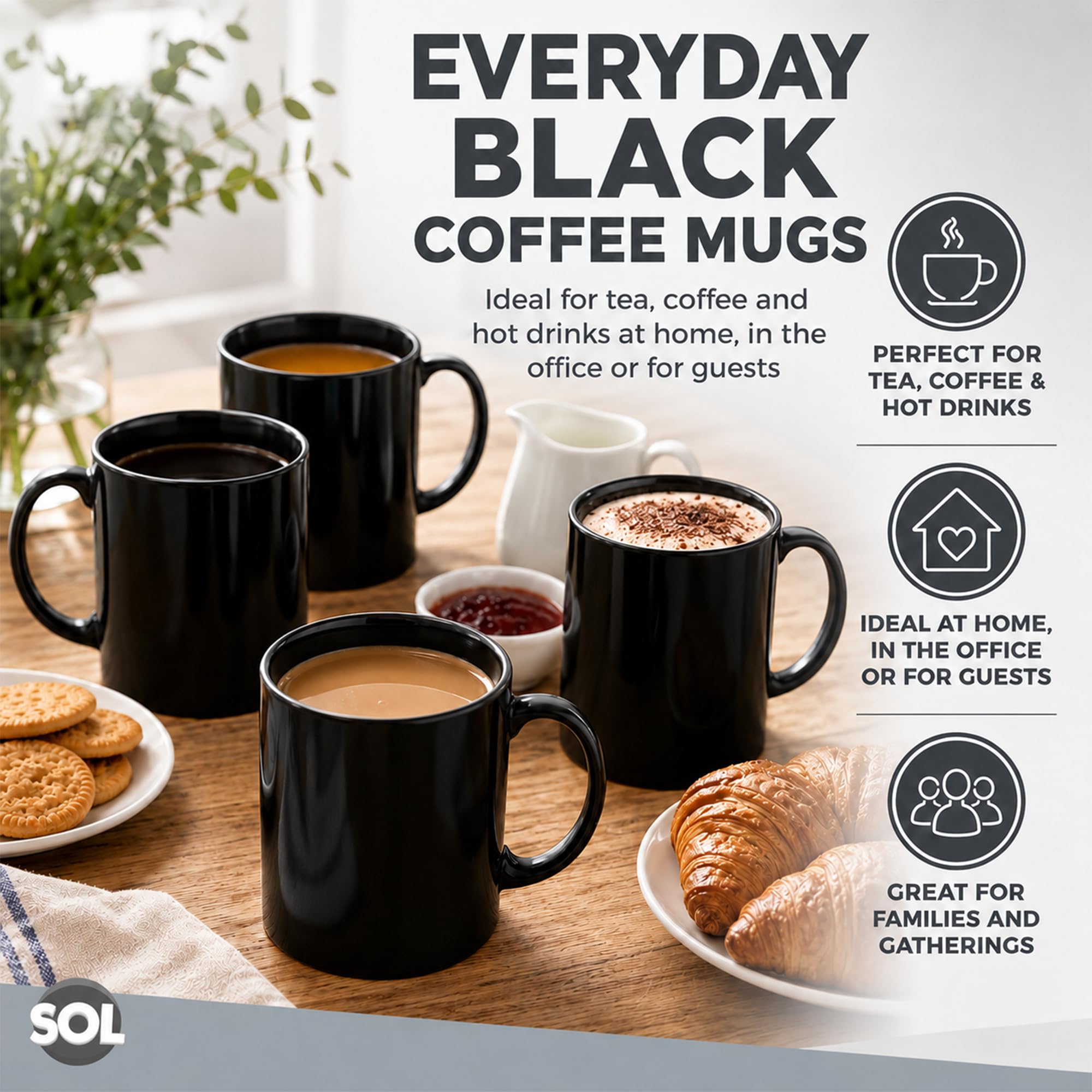 SOL Schwarze Steingut-Tassen, 325 ml, Keramikbecher für Tee und Kaffee, langlebiges Trinkgeschirr-Set für Zuhause, Büro, Café, Restaurant, stapelbares Design, mikrowellen- und spülmaschinenfest