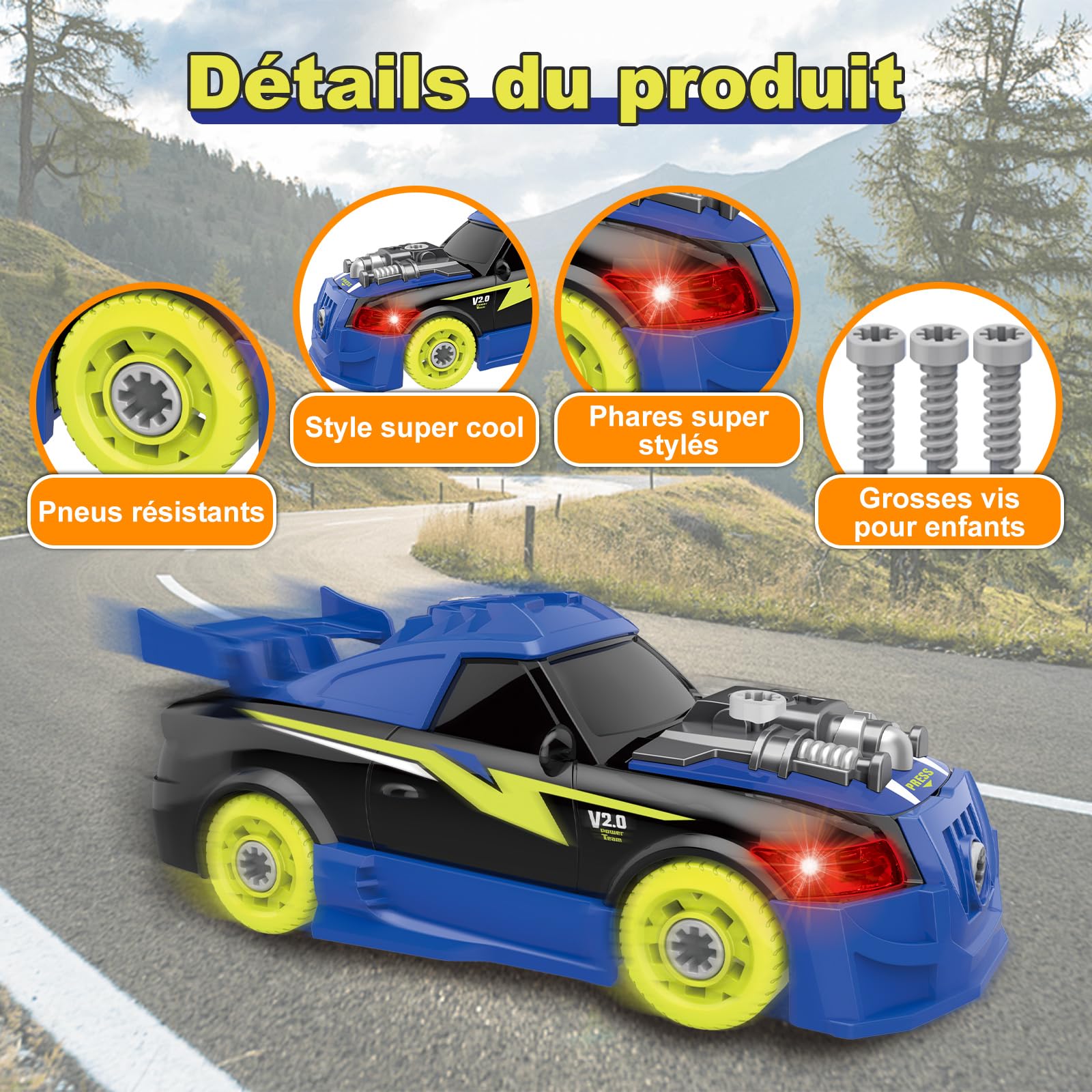 Pup Go Voiture Démontable pour Enfants 3+ Ans, Idee Cadeau de Noël, Jouet Éducatif 26 Pièces avec Perceuse Électrique, Voiture à Construire avec LED et Sons Réalistes (Bleu)