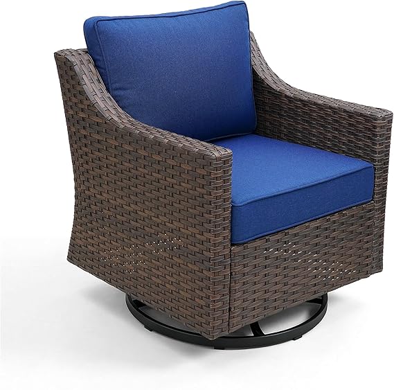 Luxury Outdoor Swivel Rocking Chair, Easy Assembly Patio Rocker for Porch Deck Balcony Yard Poolside in Brown Wicker and Blue Cushion