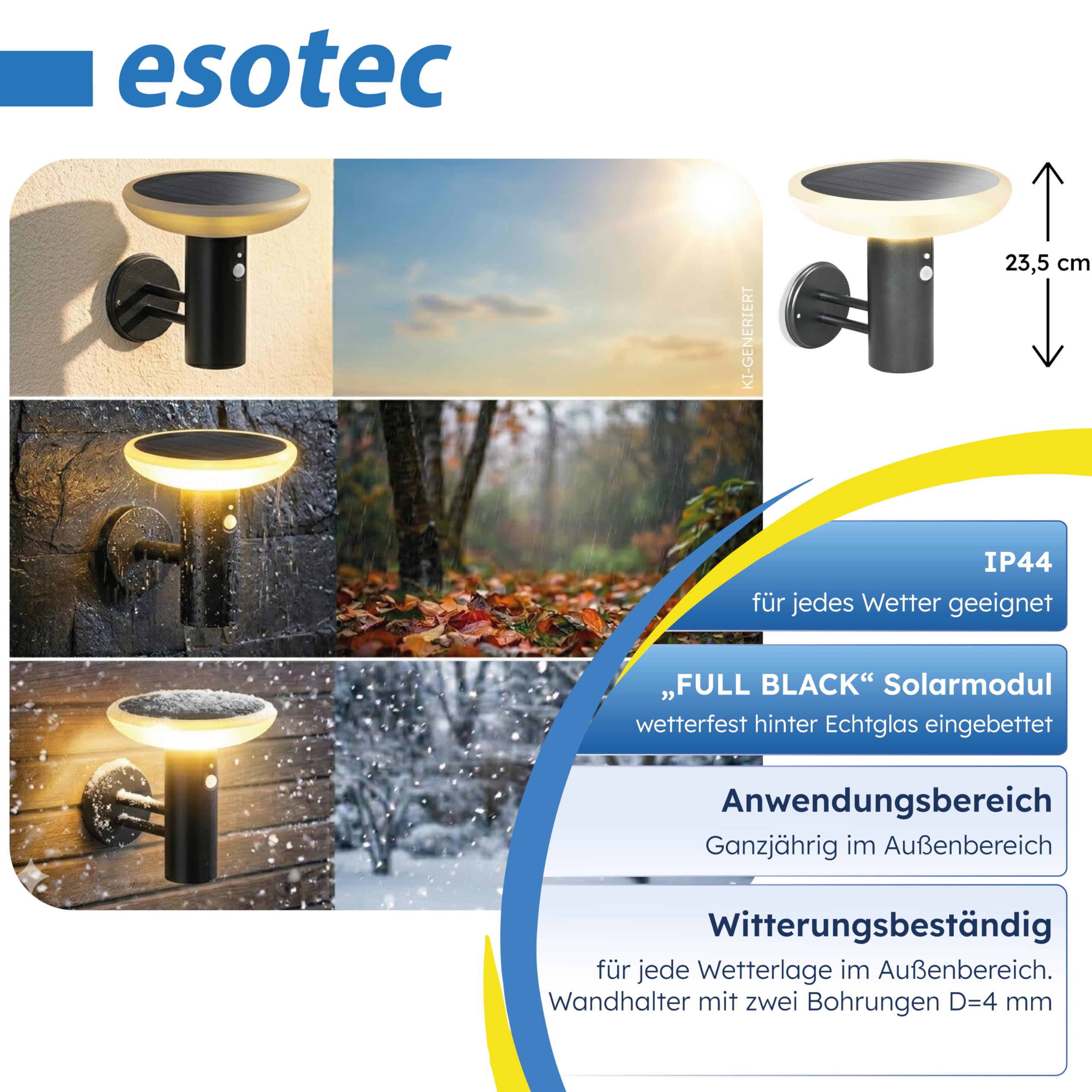 esotec Solar Wandleuchte mit Bewegungsmelder Luna CCT, H=23,5 cm, Außenleuchte 3 Lichtfarben, wechselbarer LiFePO4 Akku 102938
