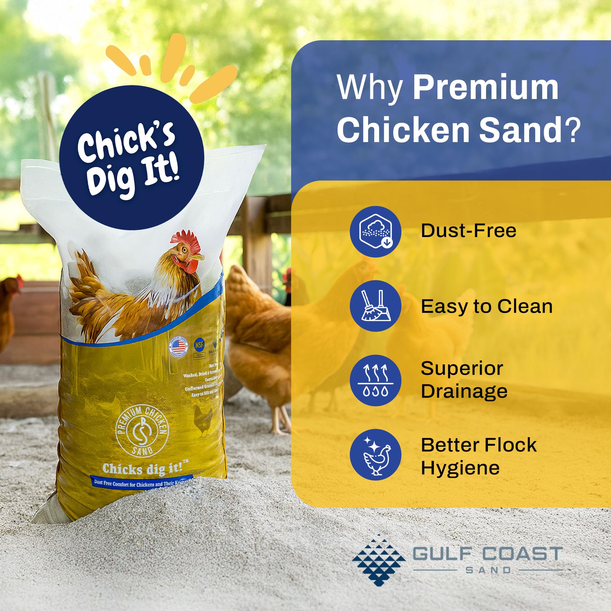 Premium Chicken Sand, Bolsa de 50 libras para eliminar olores, para gallineros, cajas de anidación y carreras