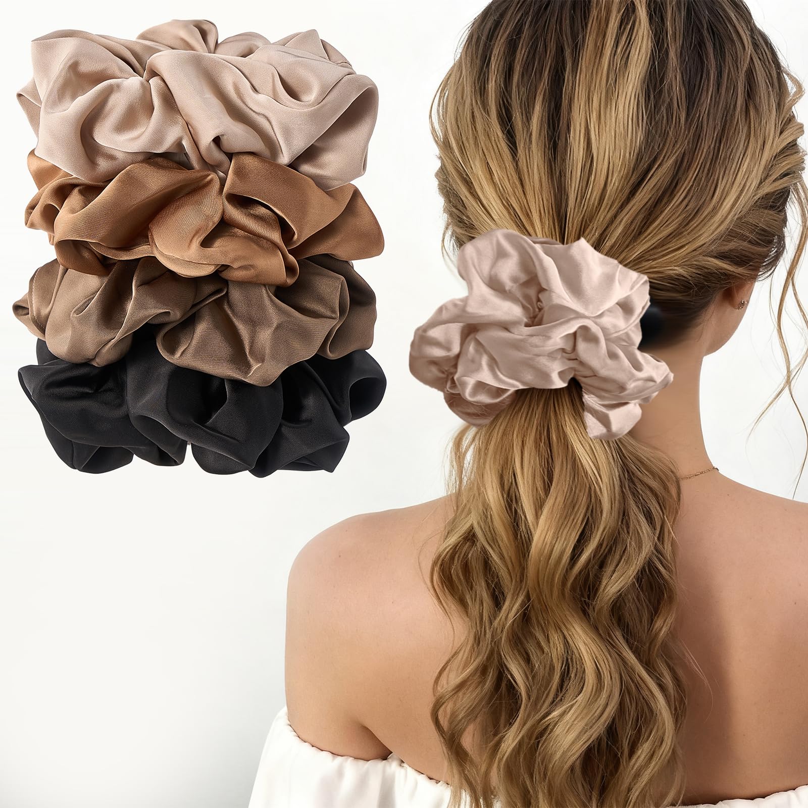 Lolalet Big Satin Scrunchies for Women, 5.9 Inch Large Oversized Scrunchie, Soft Jumbo/Giant Scrunchies Hair Ties for Thick & Curly Hair -4 Pack, Almond/Khaki/Black/Brown