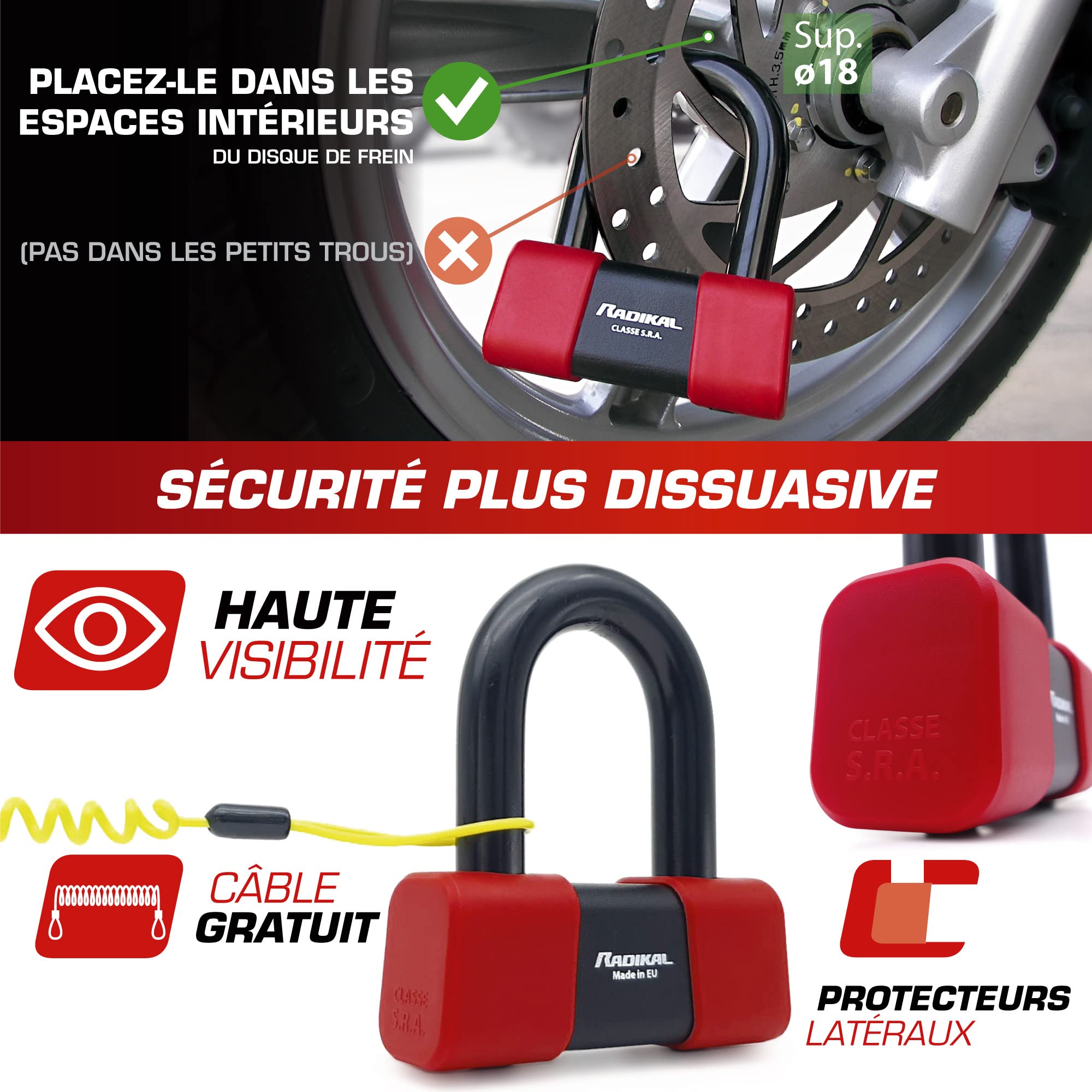 RADIKAL RK75 Antivol Moto Bloque Disque Mini U Premium Homologué SRA, Plus Dissuasif, Brutale Testé, Arc ø18mm en Acier Trempé, Double Fermeture, Cable Rappel, Bloc Frein Roue pour Moto Scooter