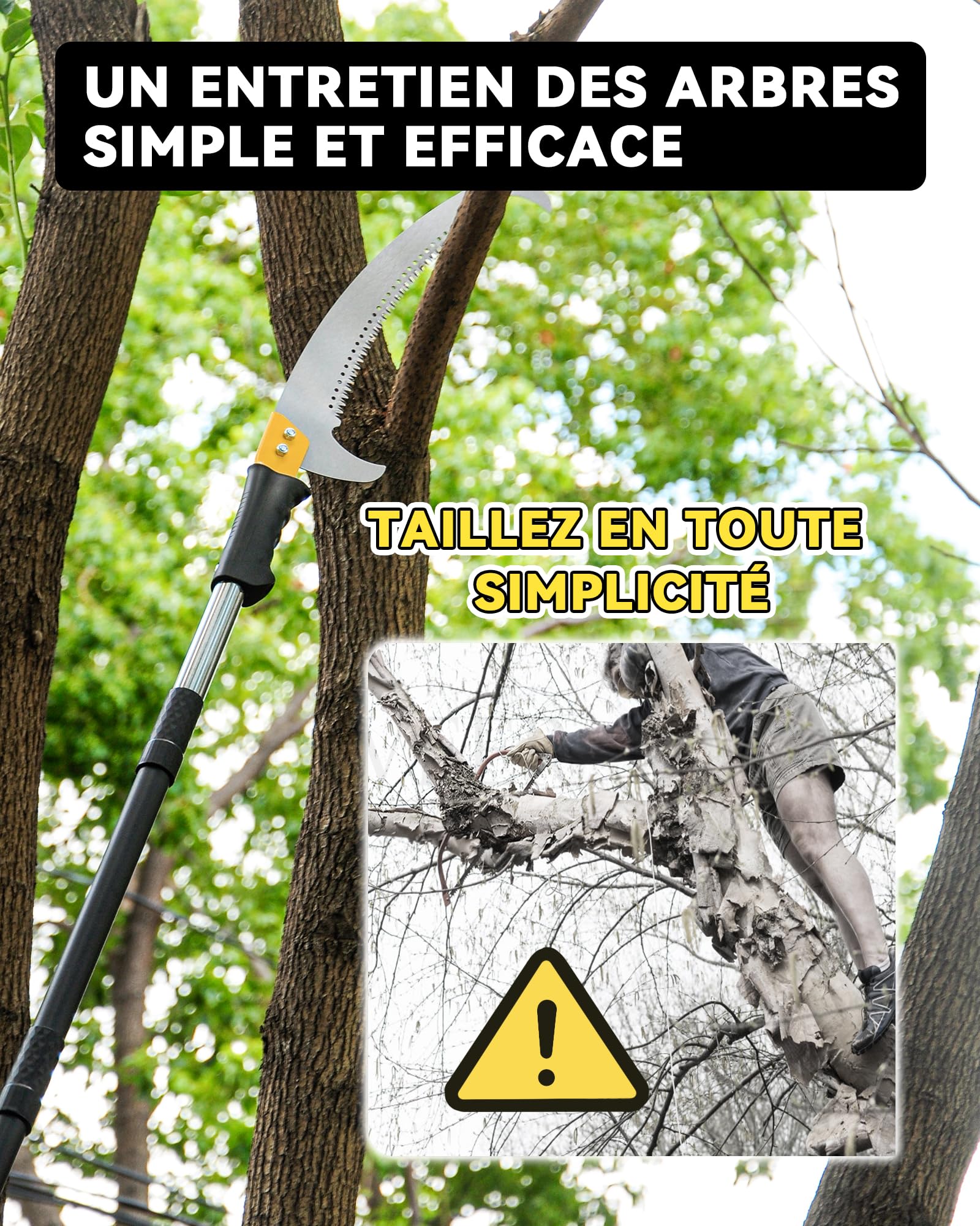 Scie à branches sur perche 4,3 m, scie d’élagage manuelle légère avec manche rallonge en acier inoxydable et lame tranchante, pour couper les branches d’arbres, travaux forestiers, jardin et extérieur