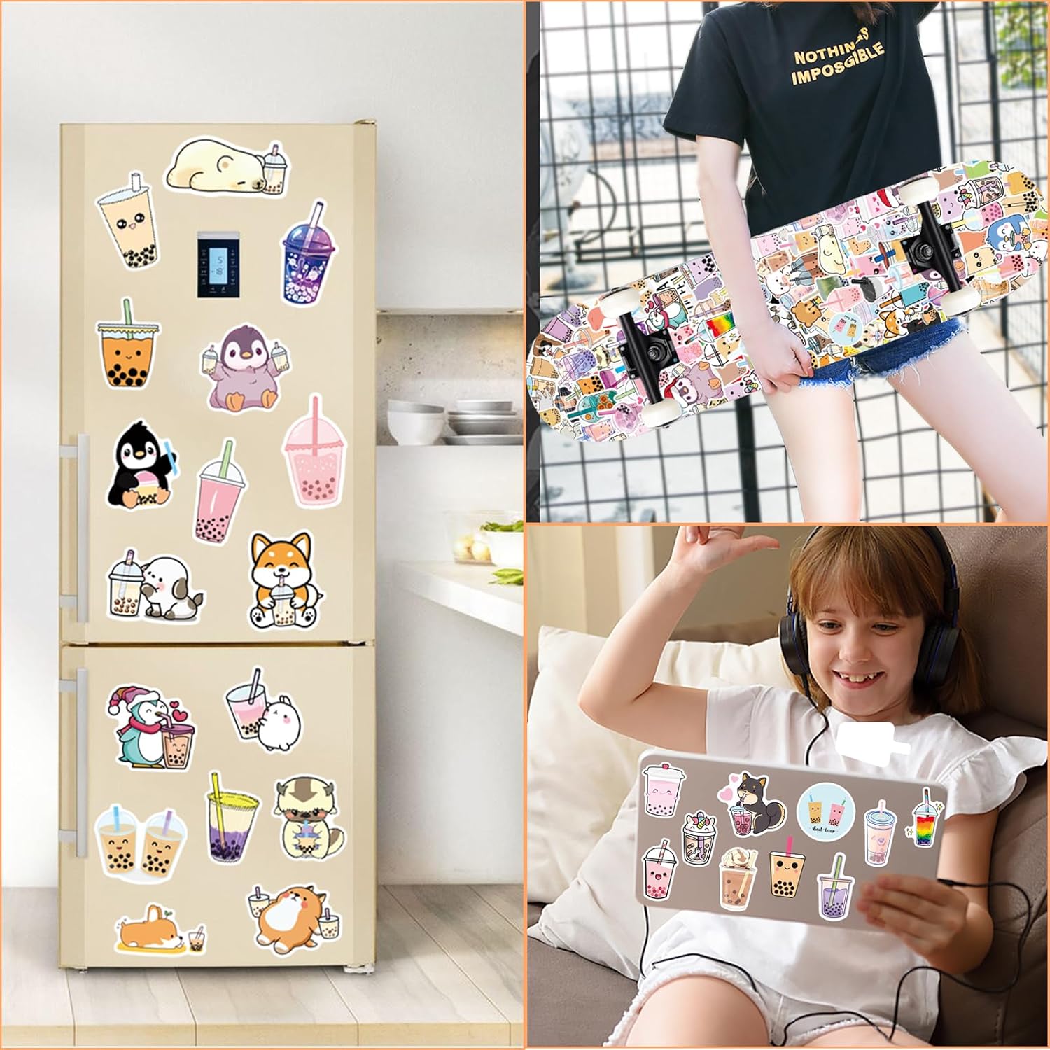 Milk Tea Stickers 105PCS Kawaii Bubble Tea Stickers, Vinyl Cutec Gifts,Asthetic Water Bottle Sticker Pack for Teens Girls Kids