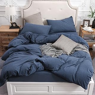 PURE ERA Jersey Knit Duvet Cover Set 100% T-Shirt Cotton Super Soft Comfy 3pc Bedding Set with Zipper Closure (Heather Navy Blue,Full)