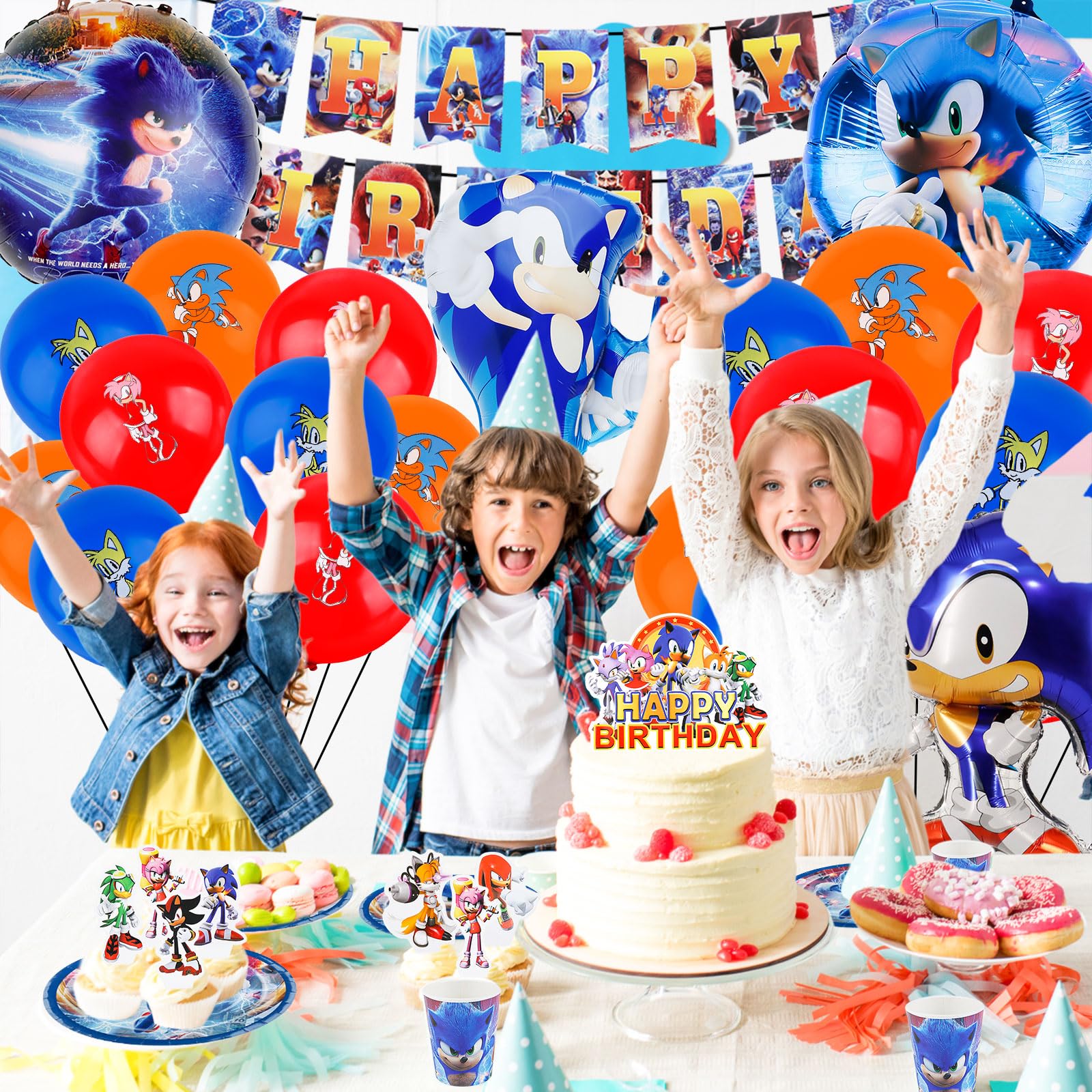 Pappteller Kindergeburtstag, 105 Stück Partygeschirr Geburtstagsdeko Cartoon Birthday Banner Luftballon Party Geschirrset Pappteller Becher Servietten Tischdecke Kuchen Deko Kinder