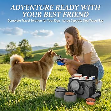 Dog Travel Bag with 2 Food Containers and 2 Foldable Pet Bowls