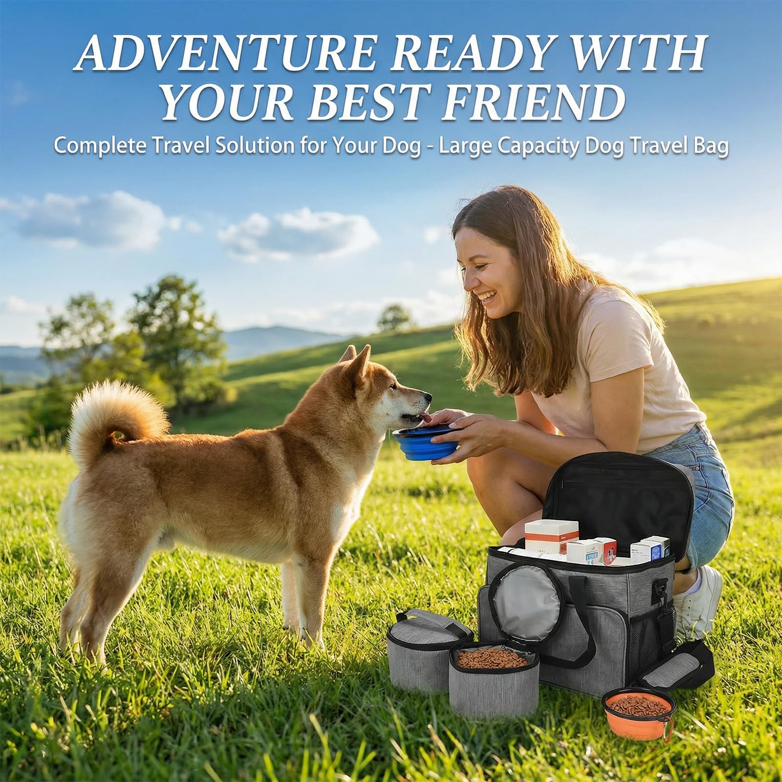 Bolsa de Viaje para Perro, Portátil con 2 Recipientes de Comida y 2 Cuencos Plegables, Ideal para Camping y Viajes