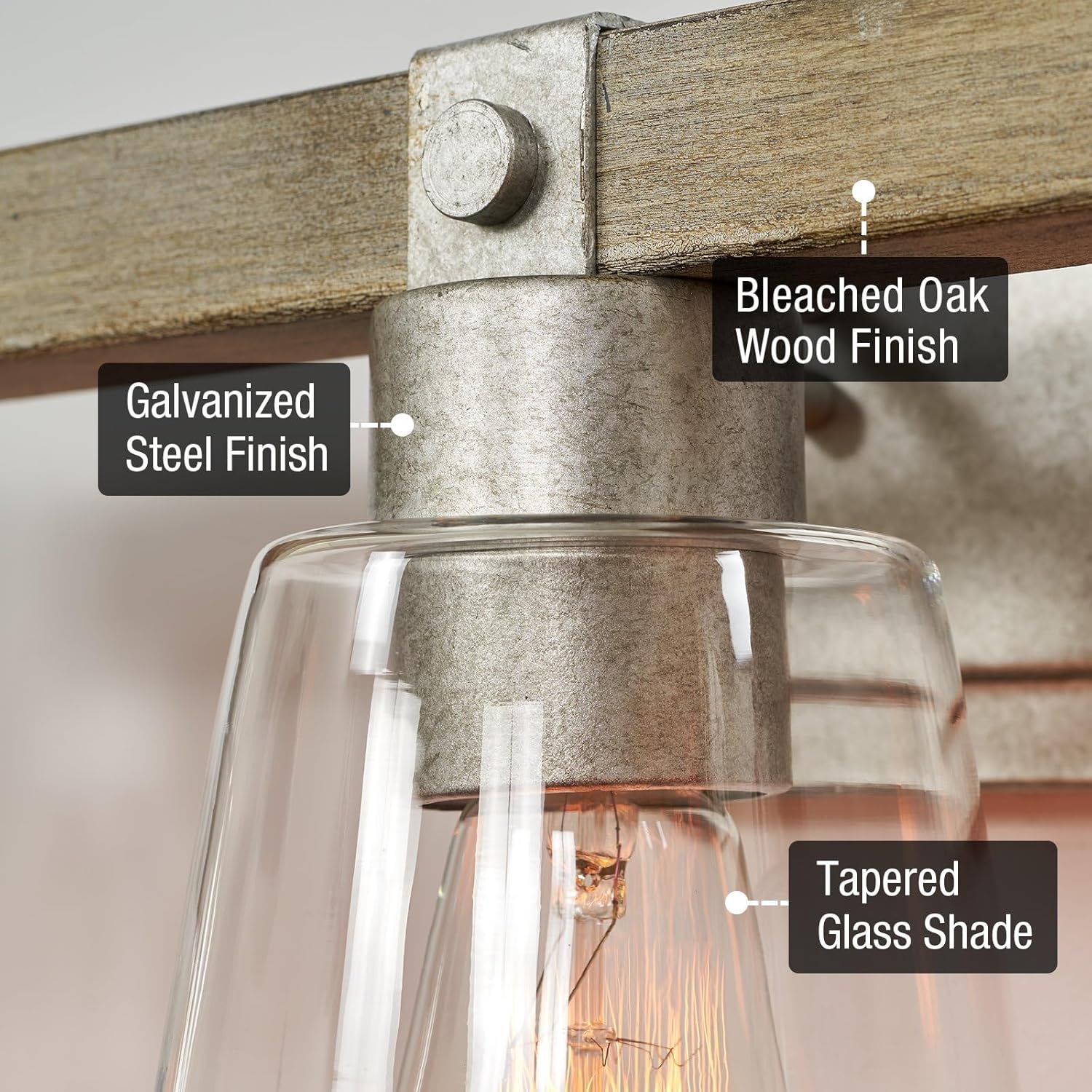 Kira Home Asher 23" 3-Light Farmhouse Vanity/Bathroom Light + Conic Glass Shades, Bleached Oak + Galvanized Steel Finish