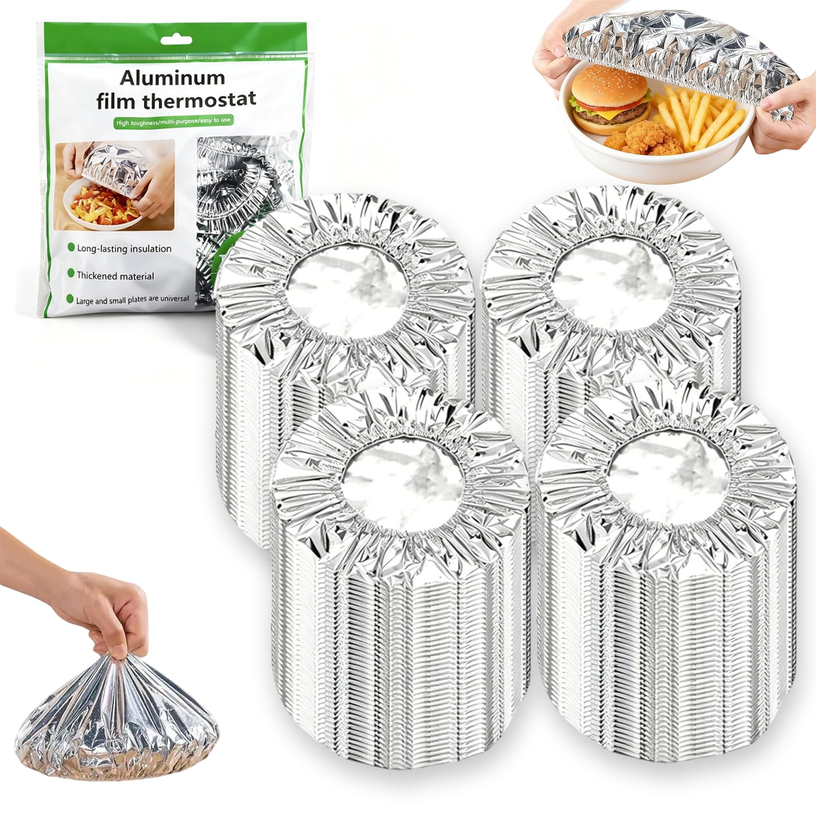 Aluminum Foil Food Covers, Aluminum Foil Insulation Cover, Reusable Foil Covers for Food, Heat Retaining Elastic Bowl Lids for Leftovers, Vegetables, Picnic, Kitchen Storage (100PCS)