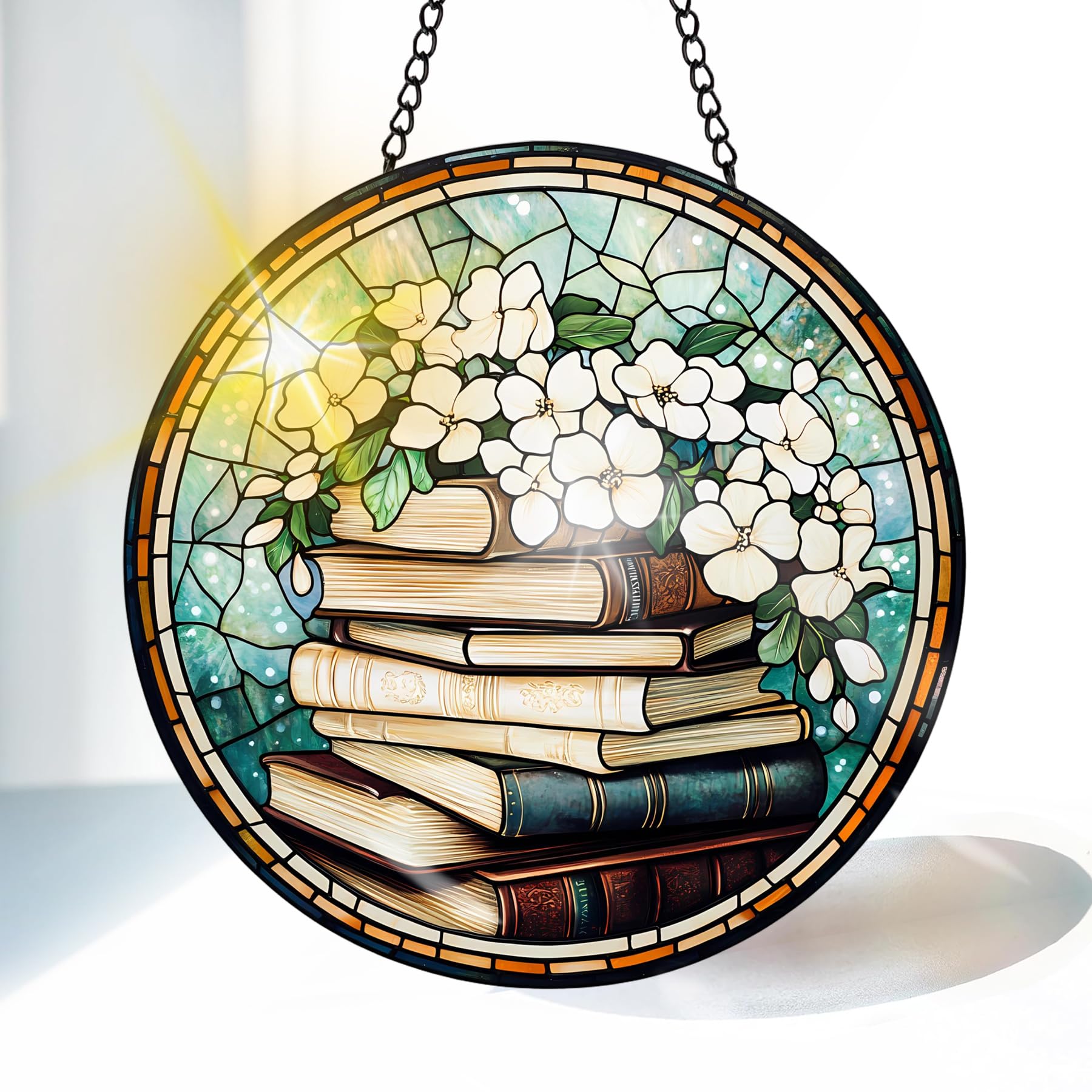 VAIIEYO Books Sun Catcher Stained Glass Window Hanging Ornament, Handmade Sun Catcher Flower Decoration with Hooks for Window Garden Home, Mother's Day & Birthday Housewarming Gift (20 cm)