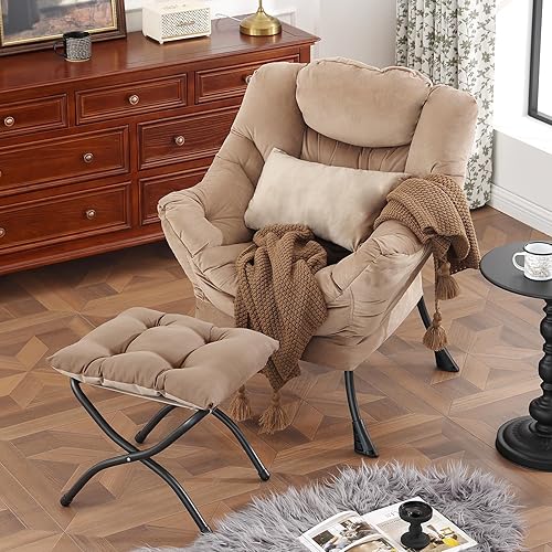 Lazy Chair with Ottoman, Modern Accent Chair with Lumbar Pillow,