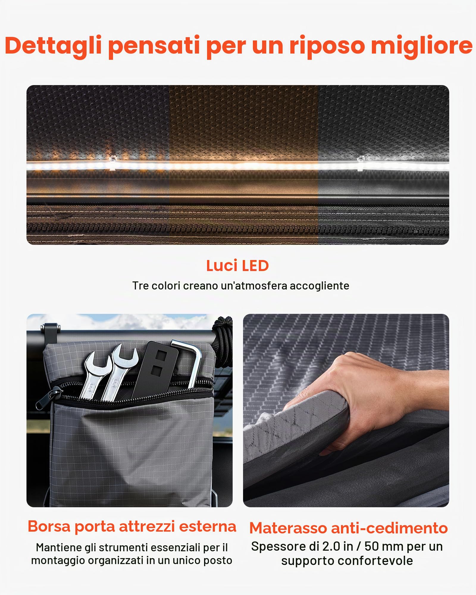 VEVOR Tenda da Tetto Rigida da Auto Capienza ca. 2-3 Persone, Tenda Sopra Auto Telaio in Alluminio con Illuminazione LED Tricolore Materasso 2x1,2 m, Impermeabile Antivento per Jeep SUP Pick-Up