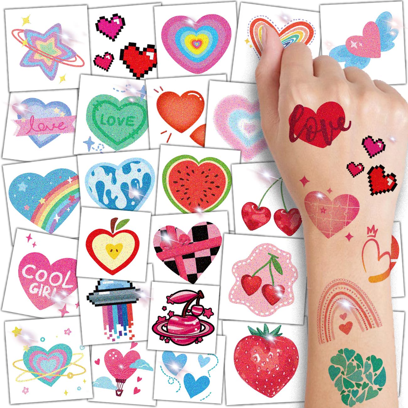 CHARLENT Glitter Heart Temporary Tattoos - Cute Party Decor