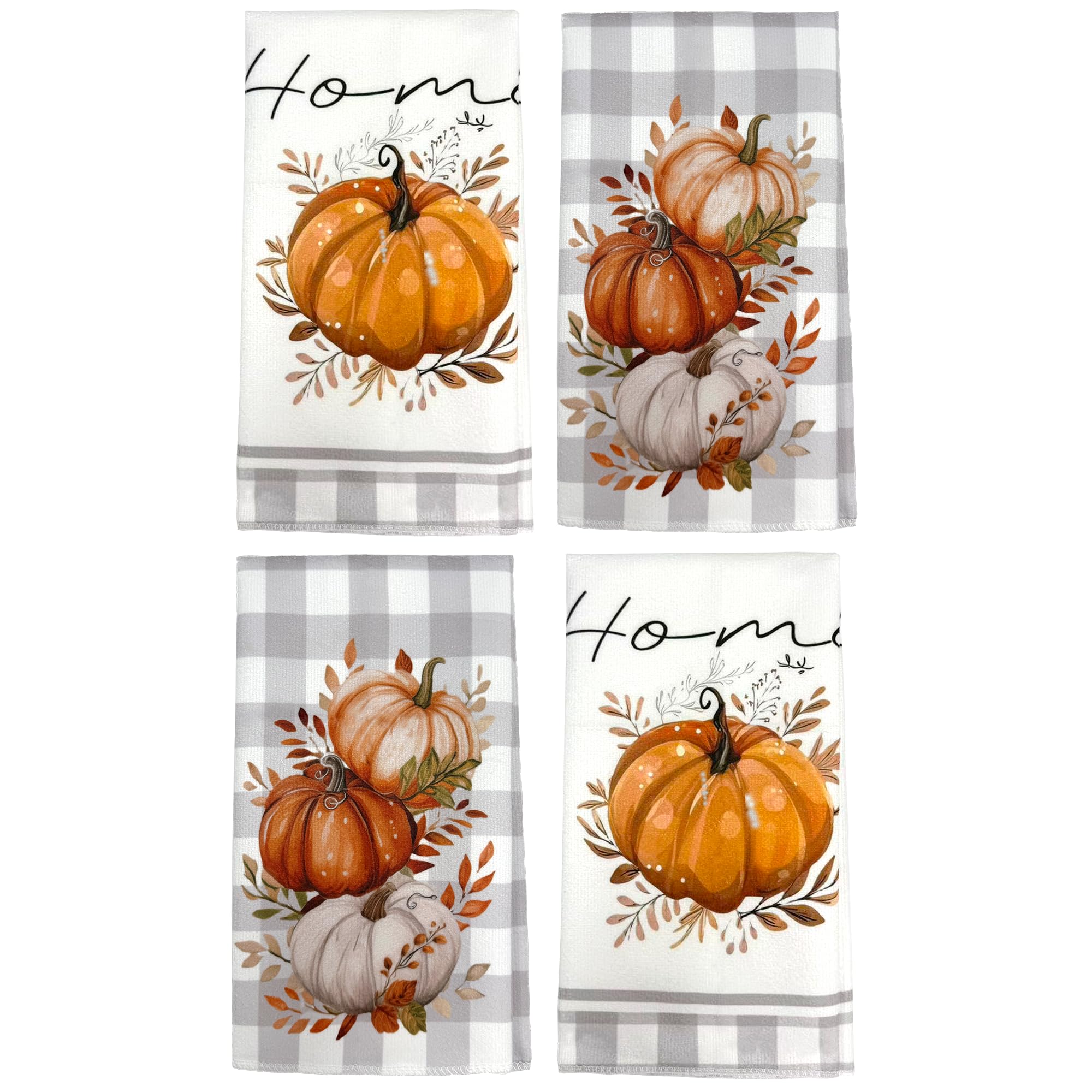 Yozhiron Fall Kitchen Towels Set of 4, Pumpkin Buffalo Plaid Dish Towels