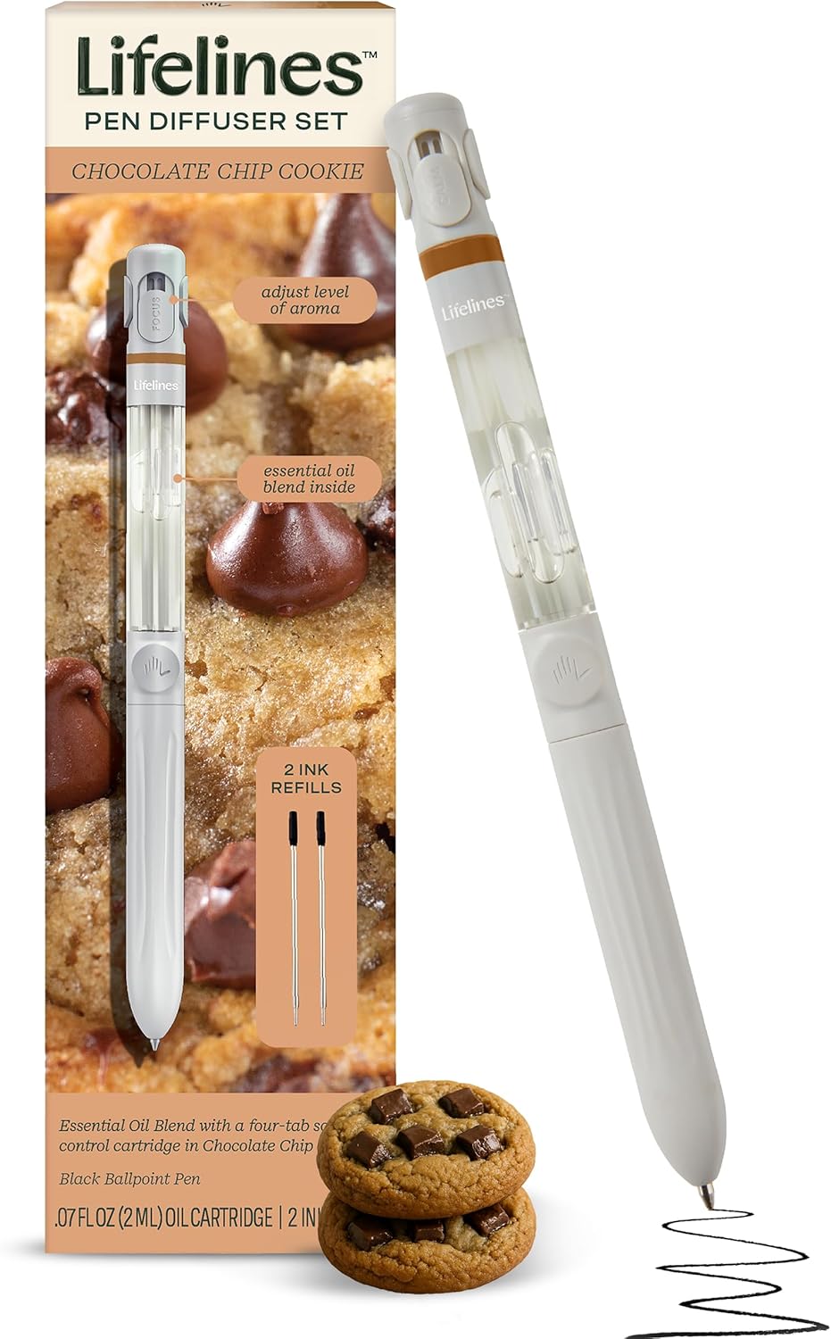 Lifelines Pen Diffuser Set, Chocolate Chip Cookie – 1mm Black Ballpoint Pen with Scented Essential Oil Blend & 2 Ink Refills – Aromatherapy Diffuser & Sensory Immersion Diffuse Aroma As You Write