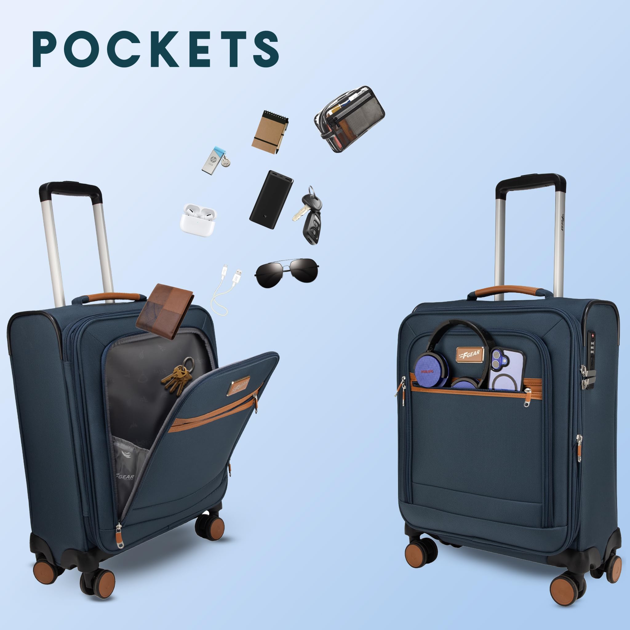 F Gear Softair - Trolley da cabina piccolo, leggero, espandibile, con ruote girevoli a 360°, sistema silenzioso a 8 ruote, serratura TSA integrata, cerniera antifurto ed etichetta per bagagli