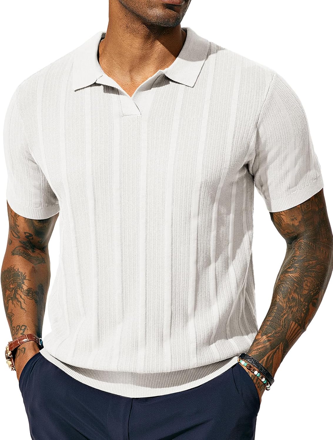 PJ PAUL JONES Mens Polo Shirts Regular Fit Textured V-Neck Knit Golf Polos