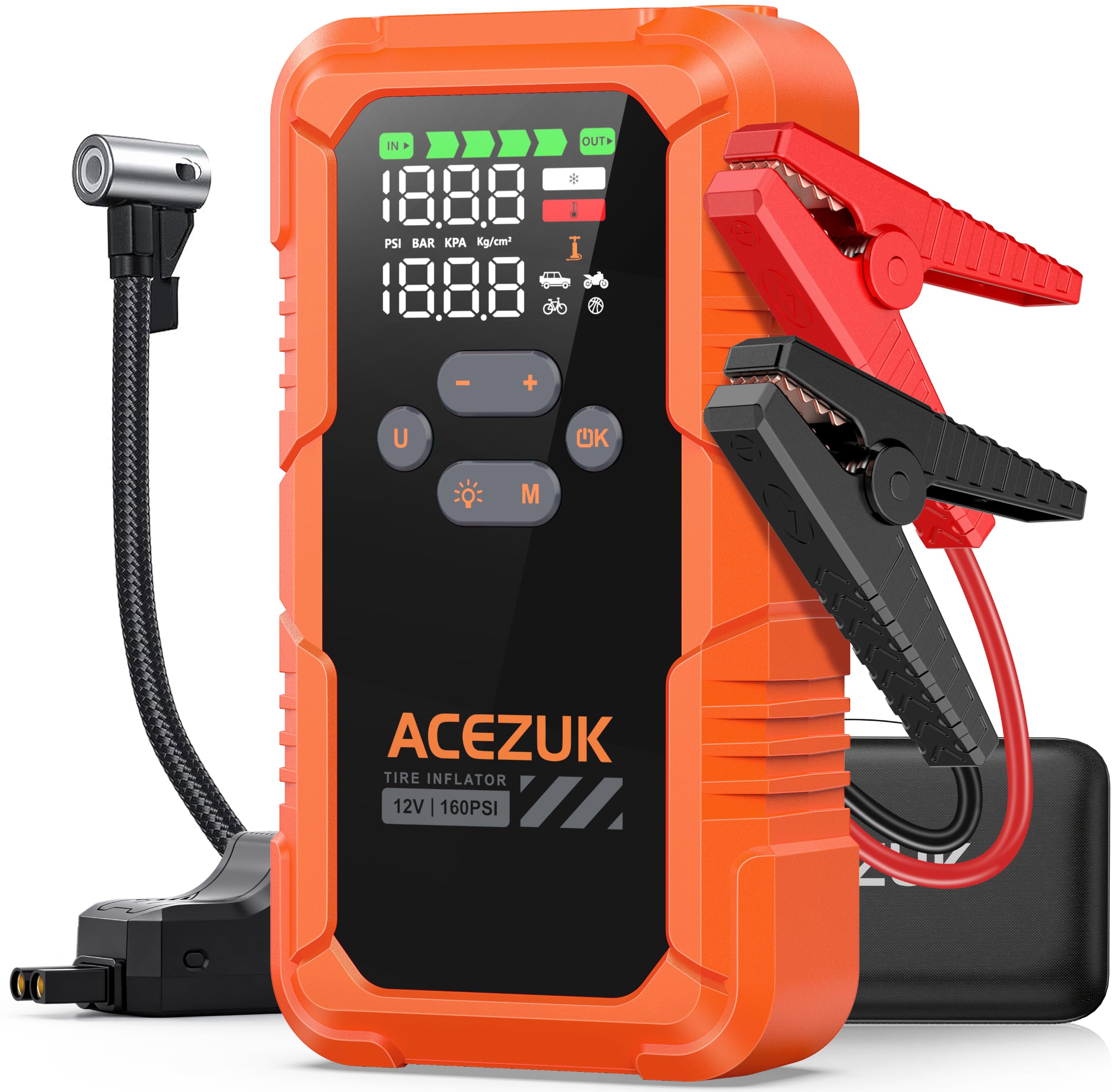 ACEZUK 9000A Starthilfe Powerbank mit Kompressor 160 PSI | 12V Auto Starthilfe Booster für Benziner & Diesel bis 12,0L, 45L/min Reifenpumpe, Force Start, LCD-Display & LED