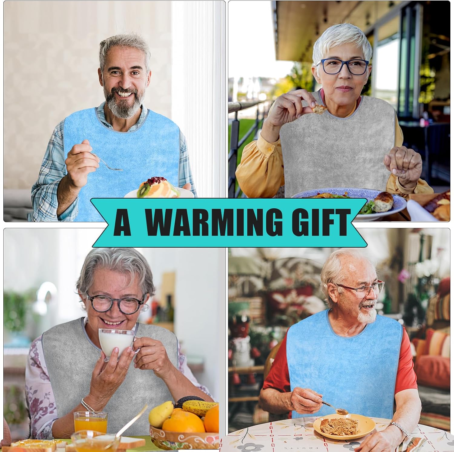Adult Bibs for Men and Women 4 Packs, Reusable Terry Bibs for Elderly Senior, Waterproof Towel for Adults