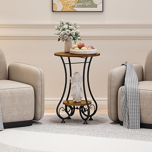 X-cosrack End Table, Round Side Table for Small Spaces, Coffee Tea Table Nightstand Home Decor for Living Room Balcony Bedroom Office,Rustic Brown & Black,15.75" L x 15.75" W x 24.0" H