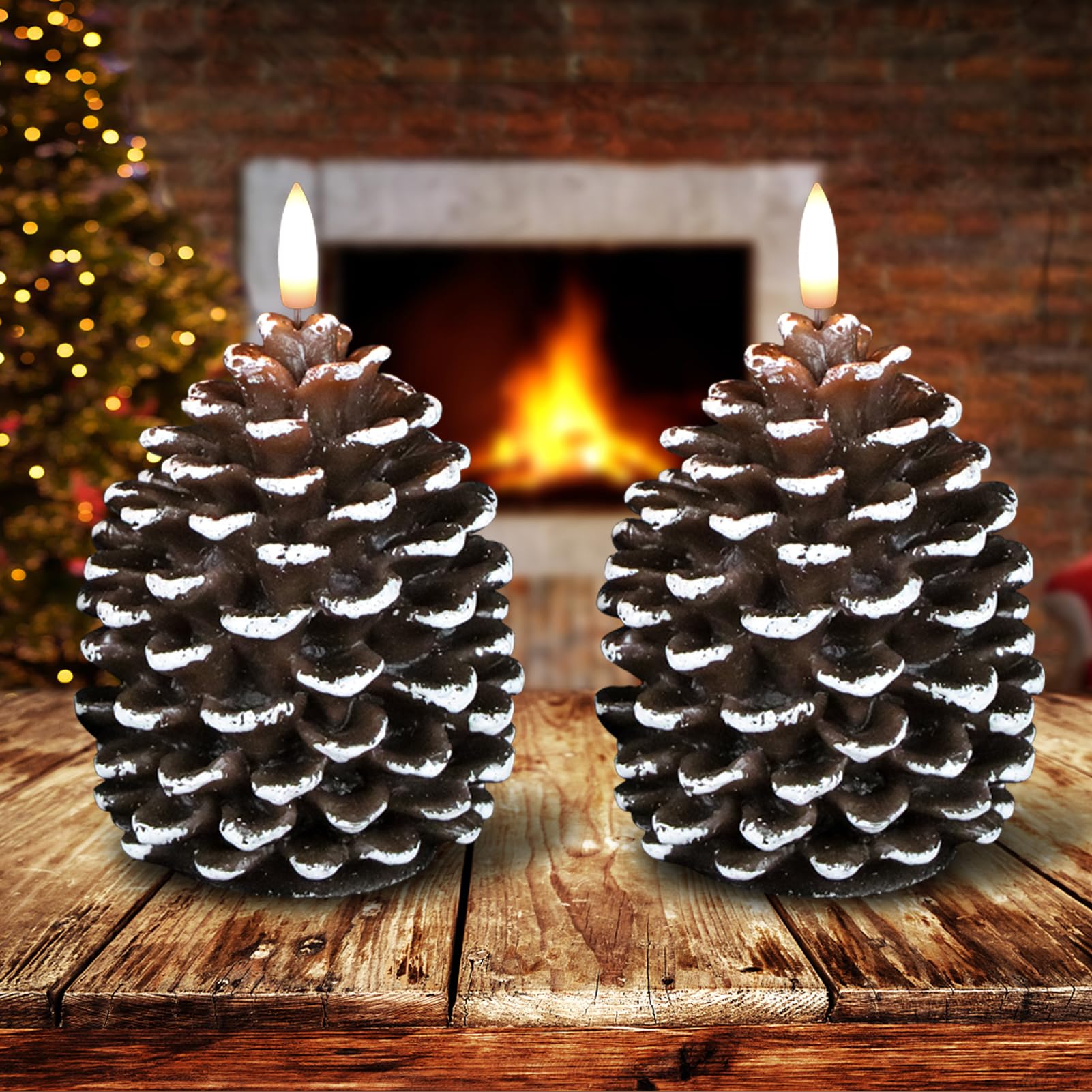 Candele a LED senza fiamma a forma di pigna con timer 6H, candele a pilastro cerose a batteria, confezione da 2 candele natalizie tremolanti con ghianda tremolante, decorazioni natalizie
