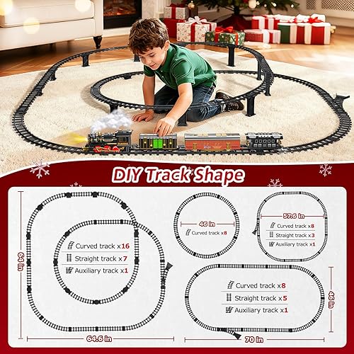 Miniatura 3 de Juego de tren de Navidad para niños, juguetes de pista de tren de 2 capas con humo, luz y sonido, vías de tren de construcción para niños de 4 a 8