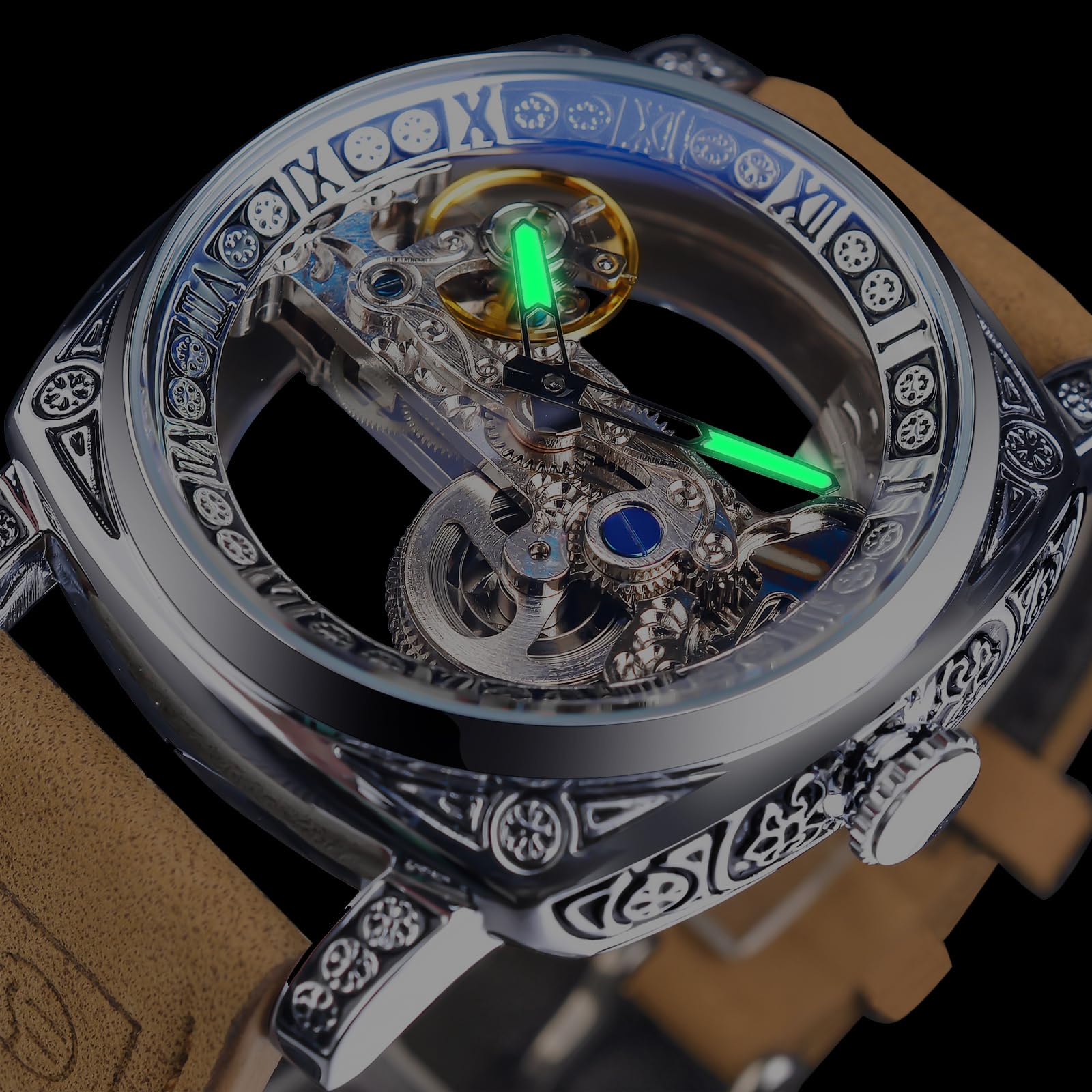 Herren-Armbanduhr, klassisch, modisch, transparent, quadratisches Zifferblatt, Skelett, mechanische Armbanduhr, Lederband, leger, Automatikuhren, leuchtend, wasserdicht
