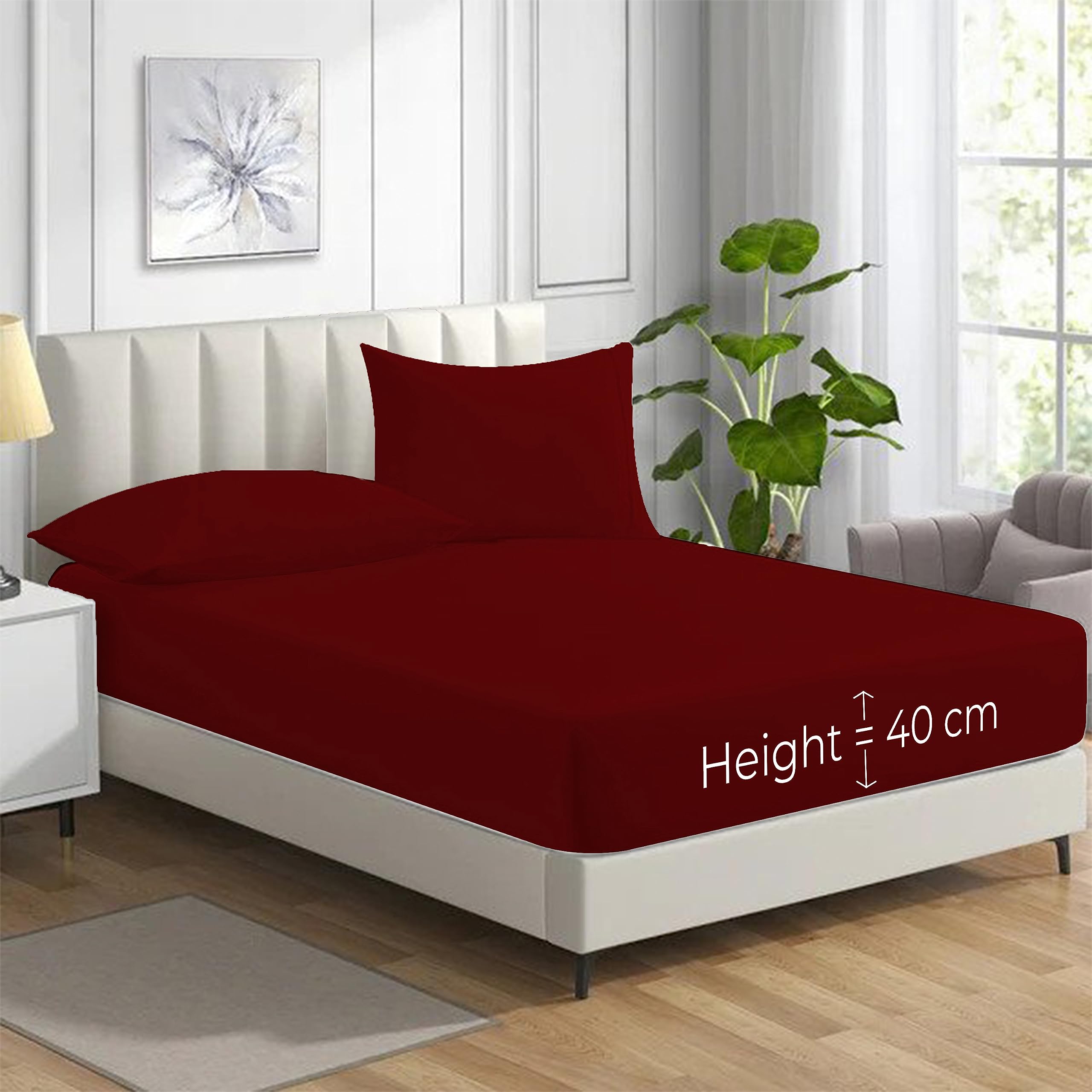 HADI LONDON Polycotton Fitted Sheets for Single Double King Super King Size Bed Plain Dyed 40 cm Extra Deep Fitted Sheet Cover with 200 Thread Count and Elasticated Edges (Red, Double)