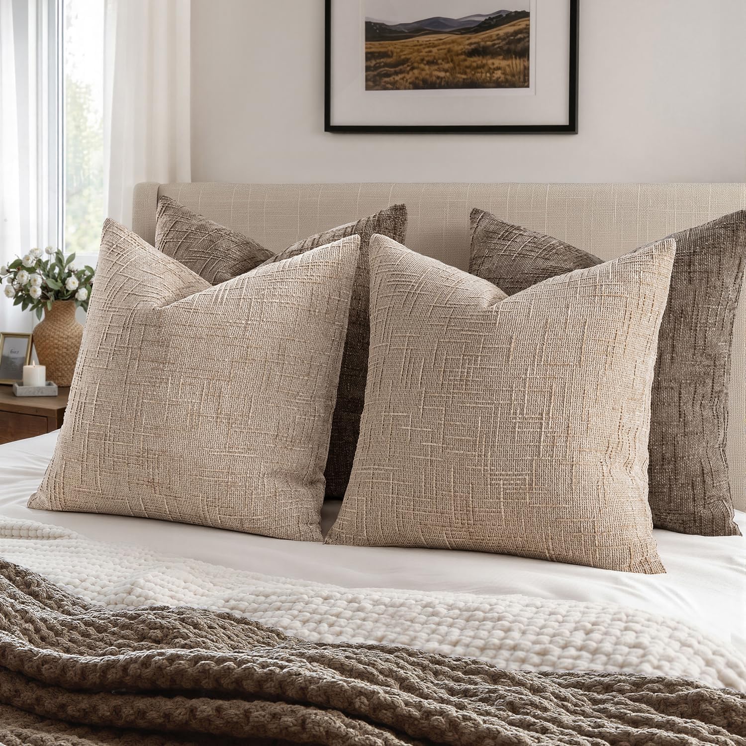 MIULEE Textured Throw Pillow Covers Thick Chenille Decorative Pillows Oatmeal 20x20 Inch Set of 2 Modern Boho Farmhouse Home Decor Neutral Cushion Covers for Couch Sofa Living Room Bedroom