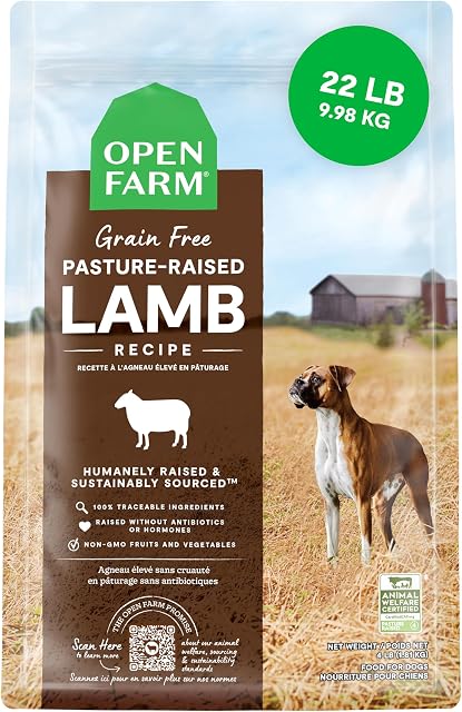 Open Farm, Grain-Free Aliments pour chiens secs, complets & Balanced Kibble, durable & Ingrédients d'origine éthique, légumes non OGM & Les superaliments soutiennent la santé globale, la recette d'agneau élevée aux pâturages, 22lb sac