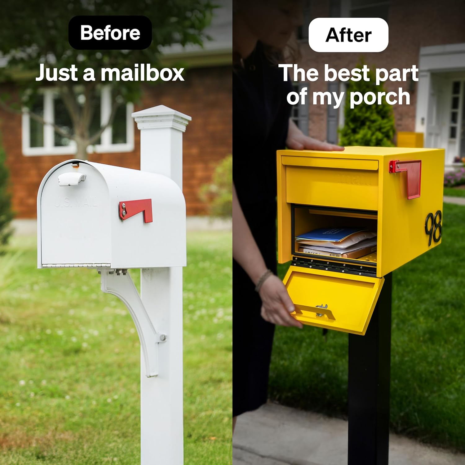 adoorn Lockable Post Mount Mailbox | Small (Curb Yellow), Size 12 x 12 x 18.5 (HxWxD) Anti-Theft Locking Mailbox with 2 Keys, Modern Mailbox with Flag, Weatherproof Mailboxes for Outside
