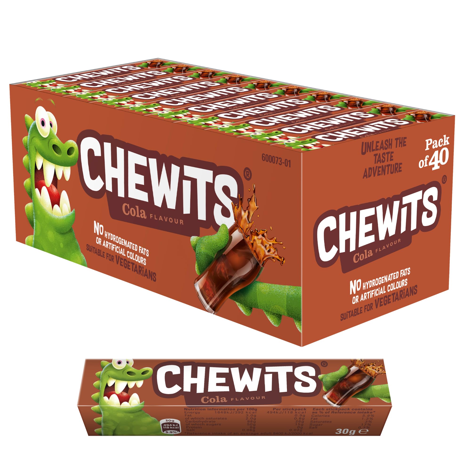 Chewits Sweets - Cola Flavour Chewy Sweets - Bulk Box x 40 Sticks - Made with Real Fruit Juice - Vegetarian, No Artificial Colours - Nostalgic Classic British Sweet Treat for Sharing & Gifting