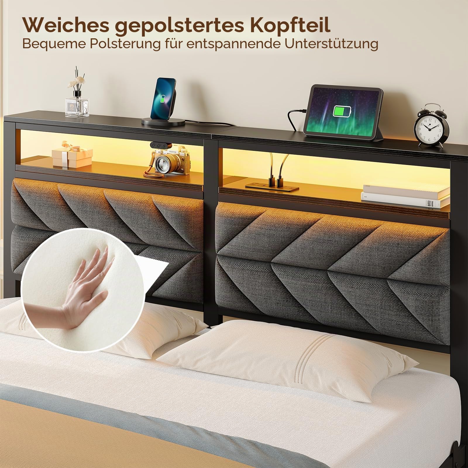 Seventable Bett 140x200 mit LED, Ladestation (2 USB-Anschlüsse & 1 Typ-C-Anschluss), Metallbett mit Gepolstertem Kopfteil & Stauraum, Doppelbett für Schlafzimmer