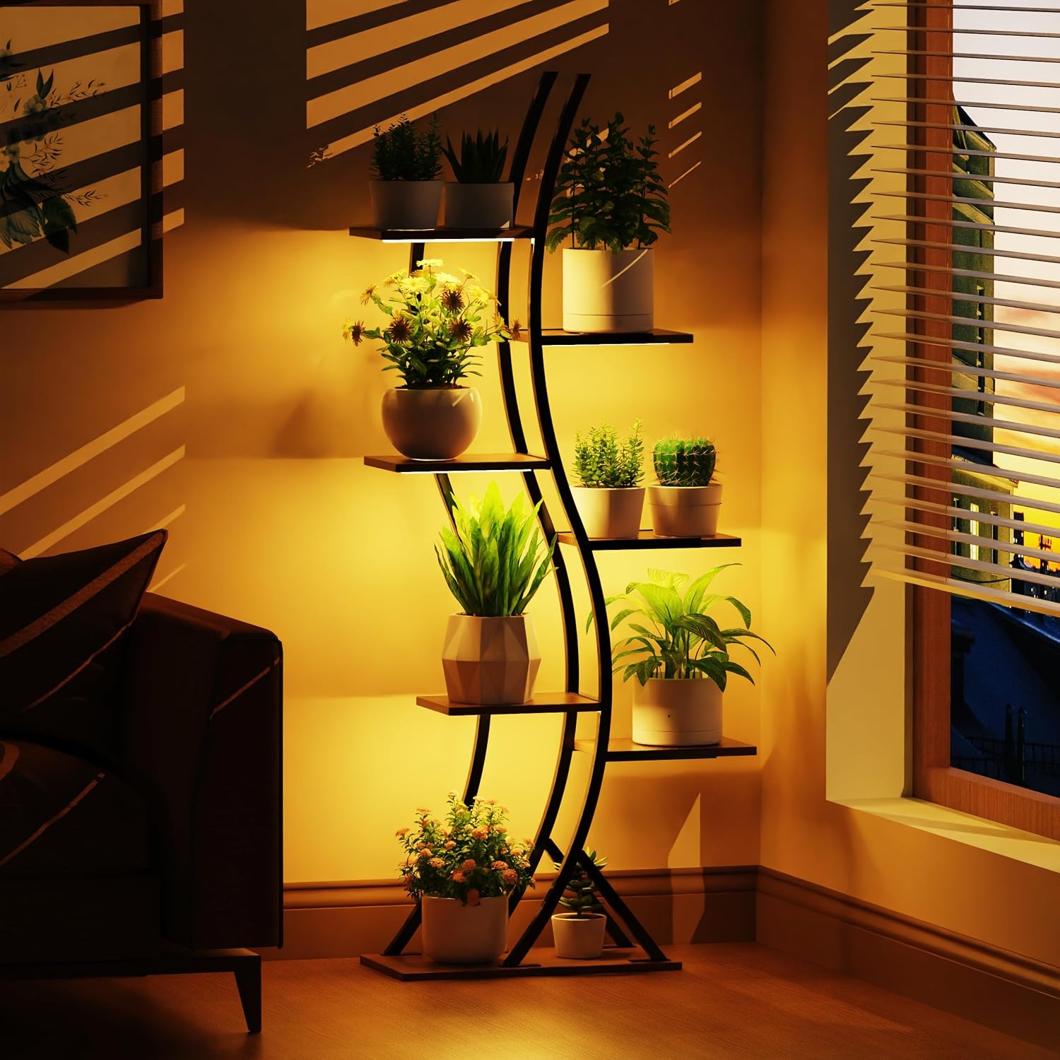 Plant Stand with Grow Light Indoor, 60.24" Tall 7-Tiered Plant Rack to Display, S shape Curved Corner Flower Stand Display Rack Holder for Living Room, Patio, Balcony Décor